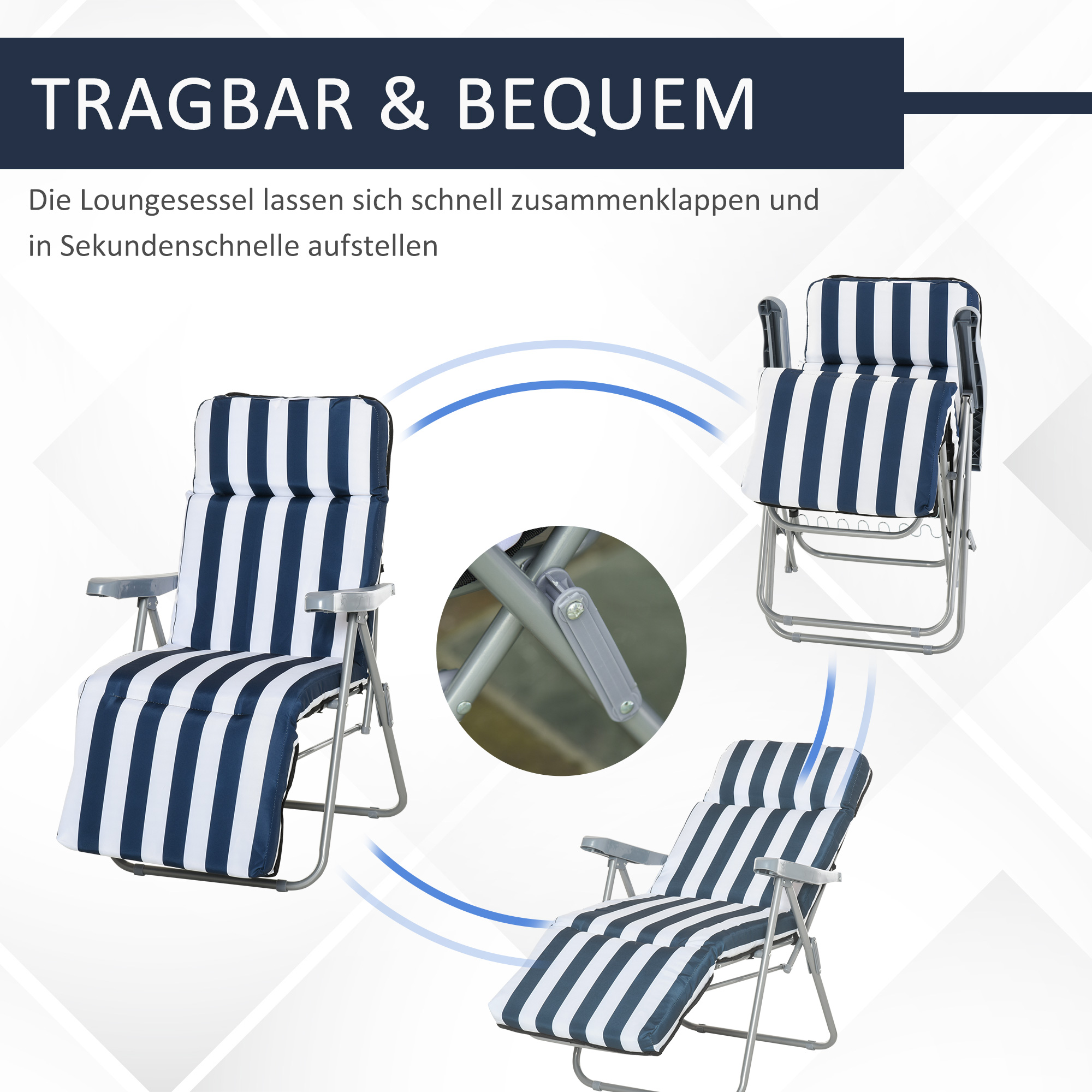 2 x Klappstühle Gartenstuhl Sonnenliege Armlehne klappbar 5 Positionen Auflage Blau 60 x 75 x 102 cm