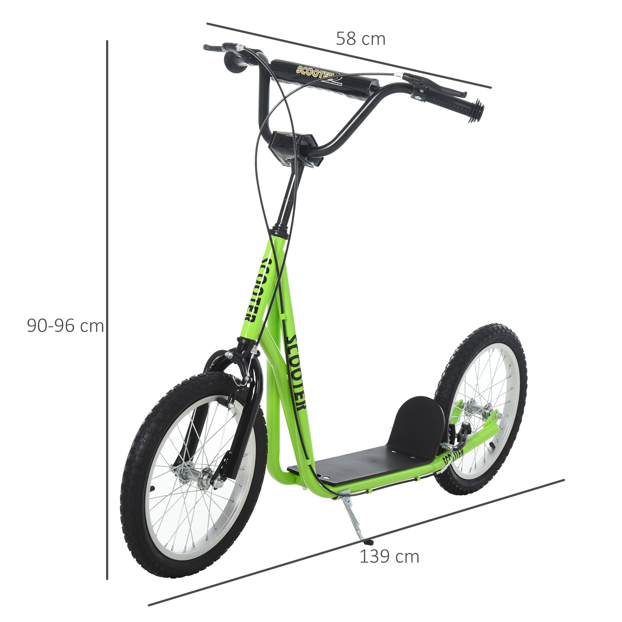 Kinderroller Scooter Tretroller Cityroller Kickscooter Roller Kinder Kickboard mit Luftreifen und Handbremse Scooter Kinder ab 5 Jahre 16 Zoll Grün 139 x 58 x 90-96 cm