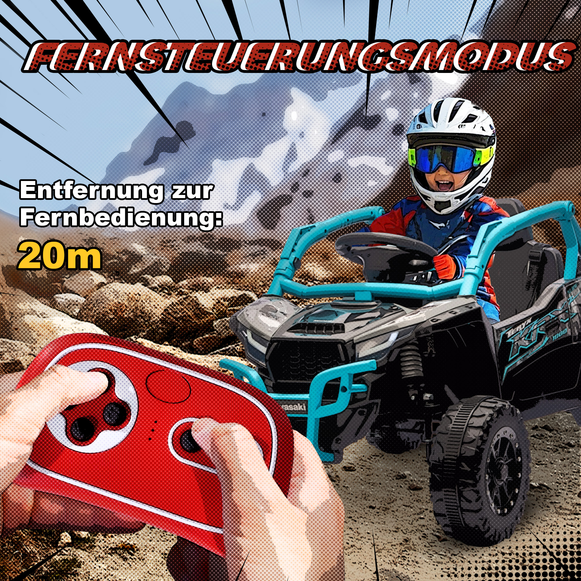 12V Geländefahrzeug für Kinder, Fernbedienung, LED-Lichter, Musik, Hupe, für Kinder von 3-8 Jahren, Blau