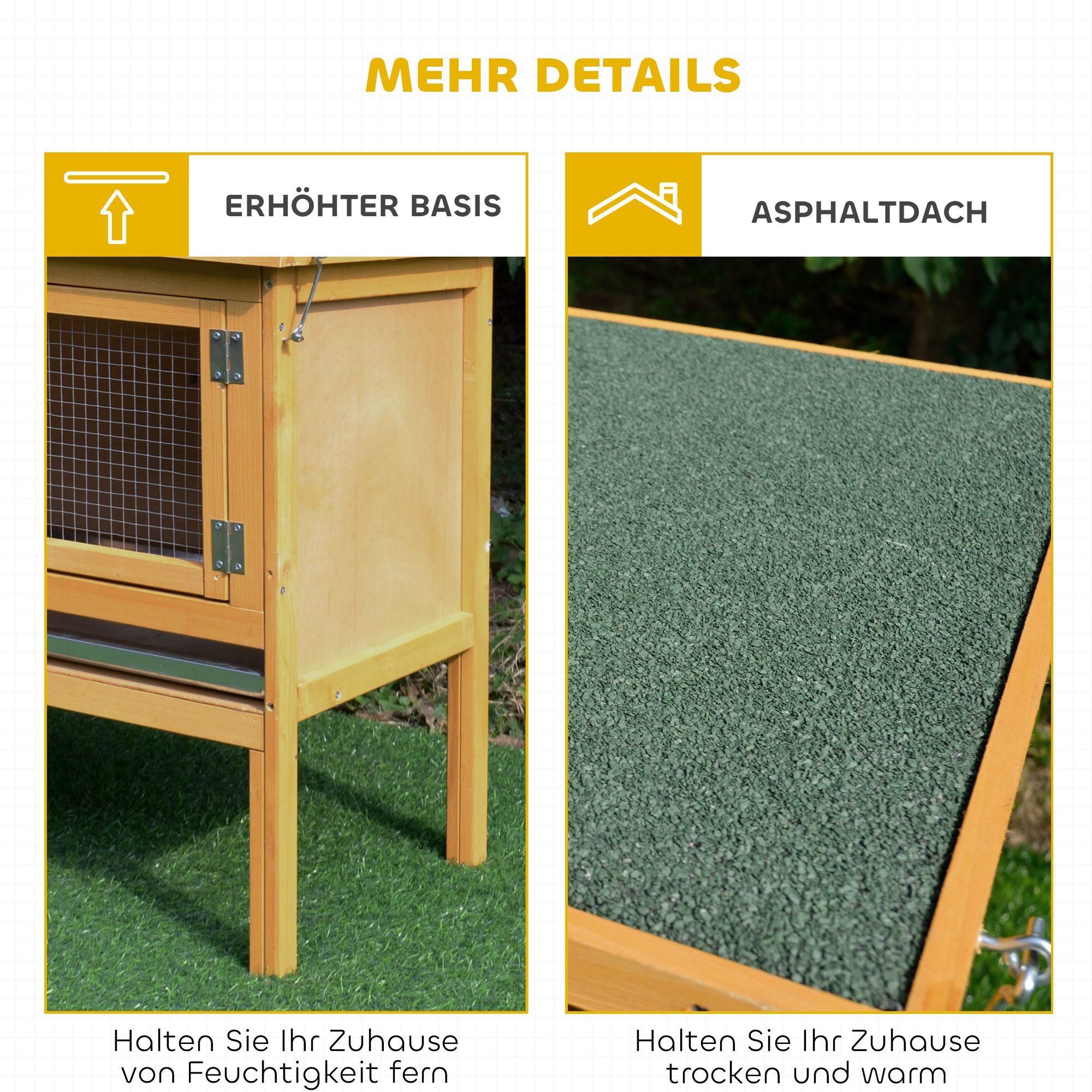 Hasenstall Kaninchenstall aus Holz mit aufklappbarem Dach, 2 Türen, auslaufsicherer Schale, 115x44,3x65 cm Hellgelb