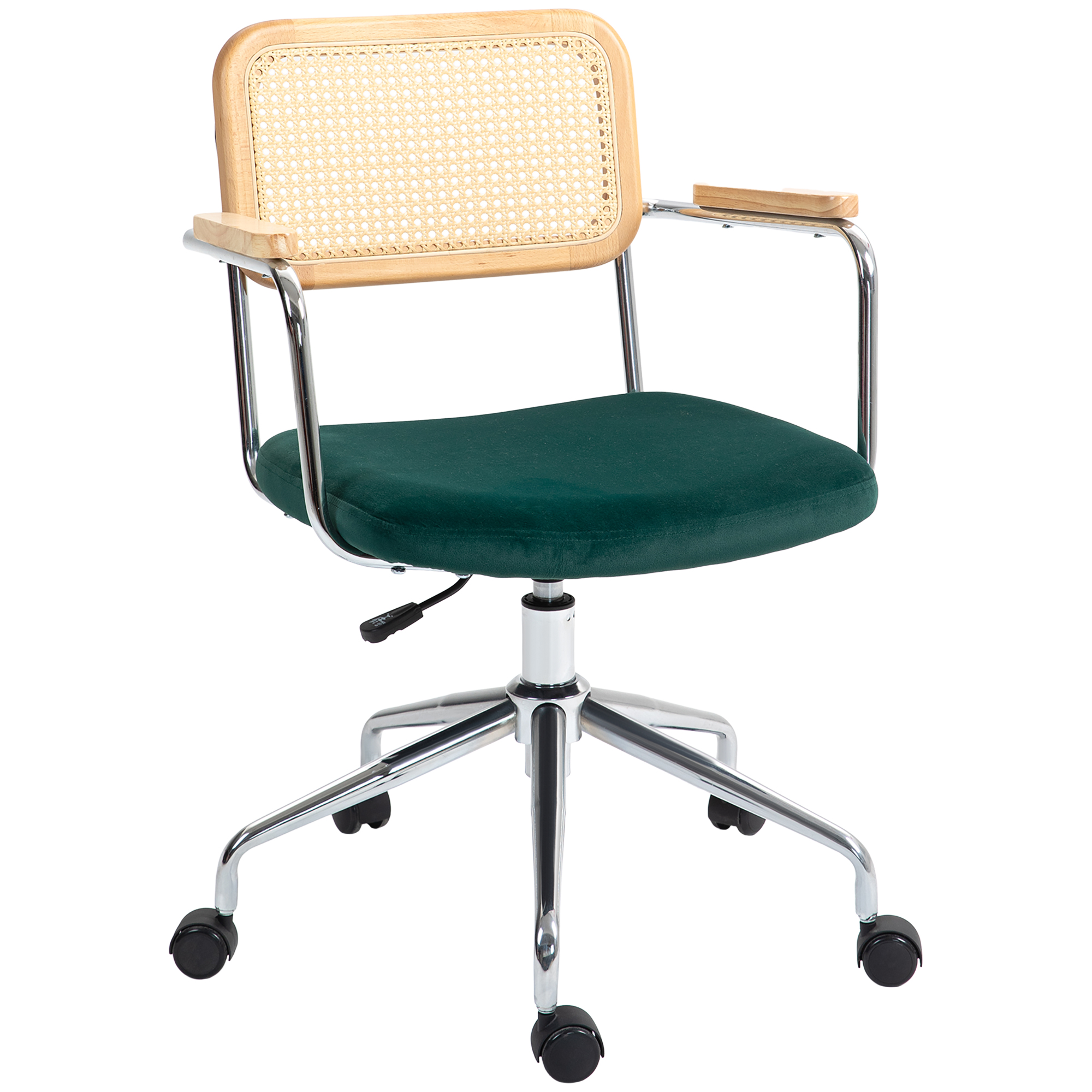 Bürostuhl, Boho-Design, Holzarmlehnen, drehbar, verstellbar, bis 120 kg, Stahl, Grün