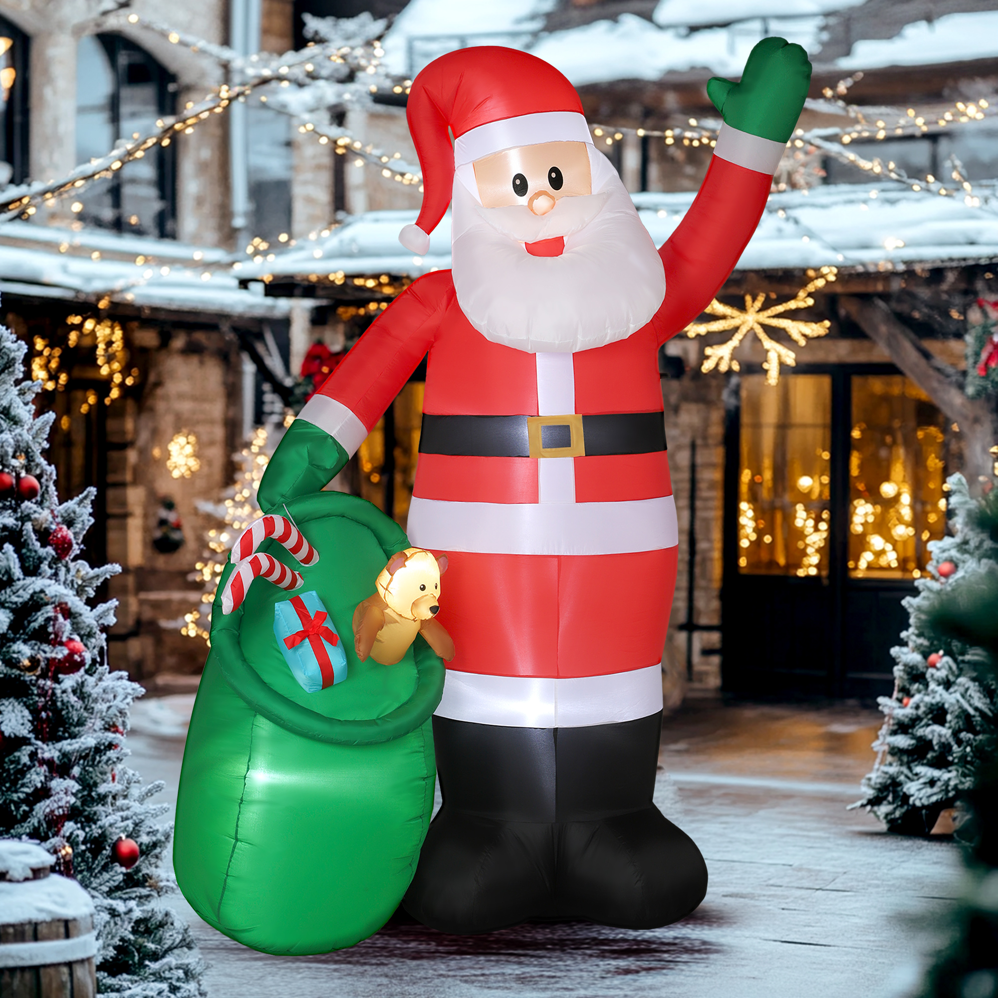 aufblasbarer Weihnachtsmann, 275 cm, mit Sack und Bär, Weihnachtsdeko mit integrierten LED-Lichtern