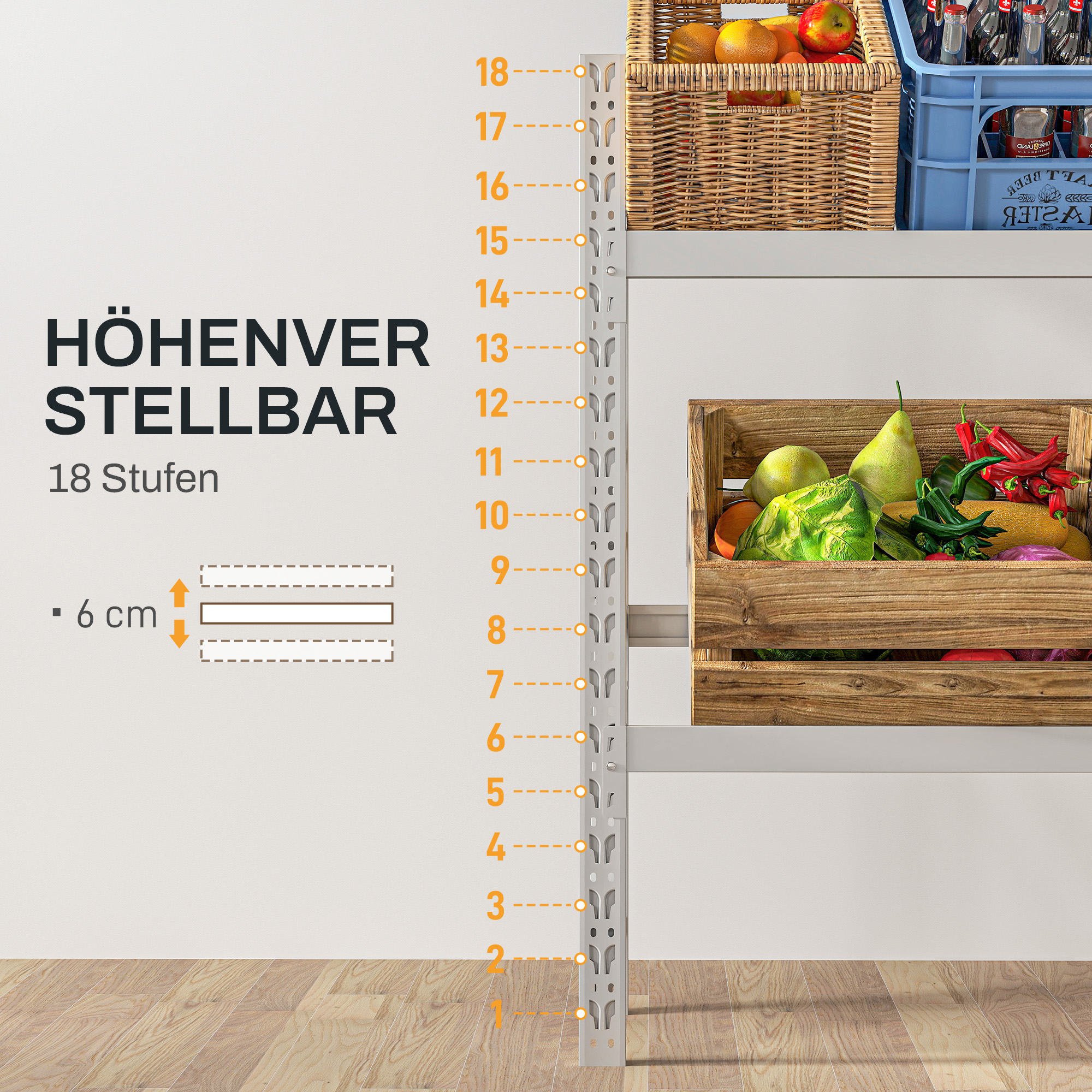 Getränkekistenregal, bis 6 Kisten, höhenverstellbar, Stahlrahmen, 110x30x110 cm, Weiß