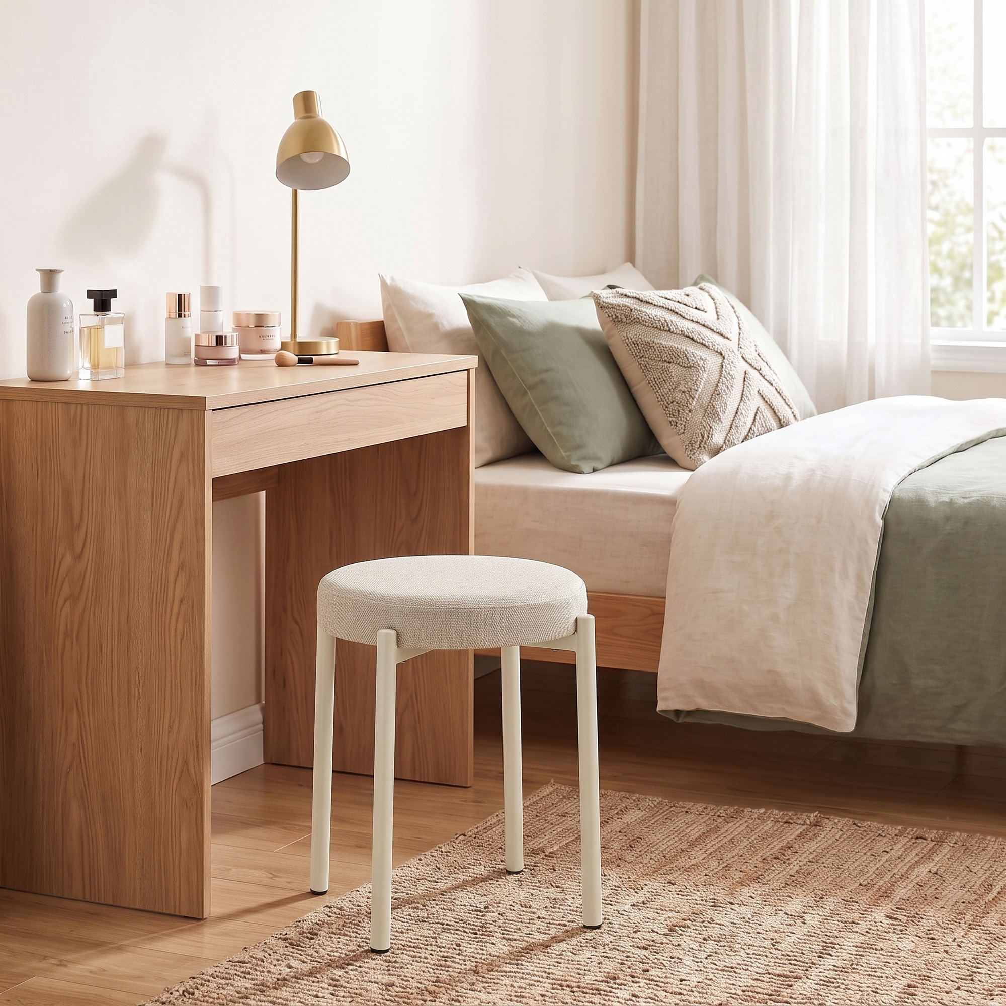 Esszimmerhocker 4er Set Stapelbare Sitzhocker mit Stahlbeinen, Leinenoptik für Esszimmer, Wohnzimmer, Küche, Cremeweiß