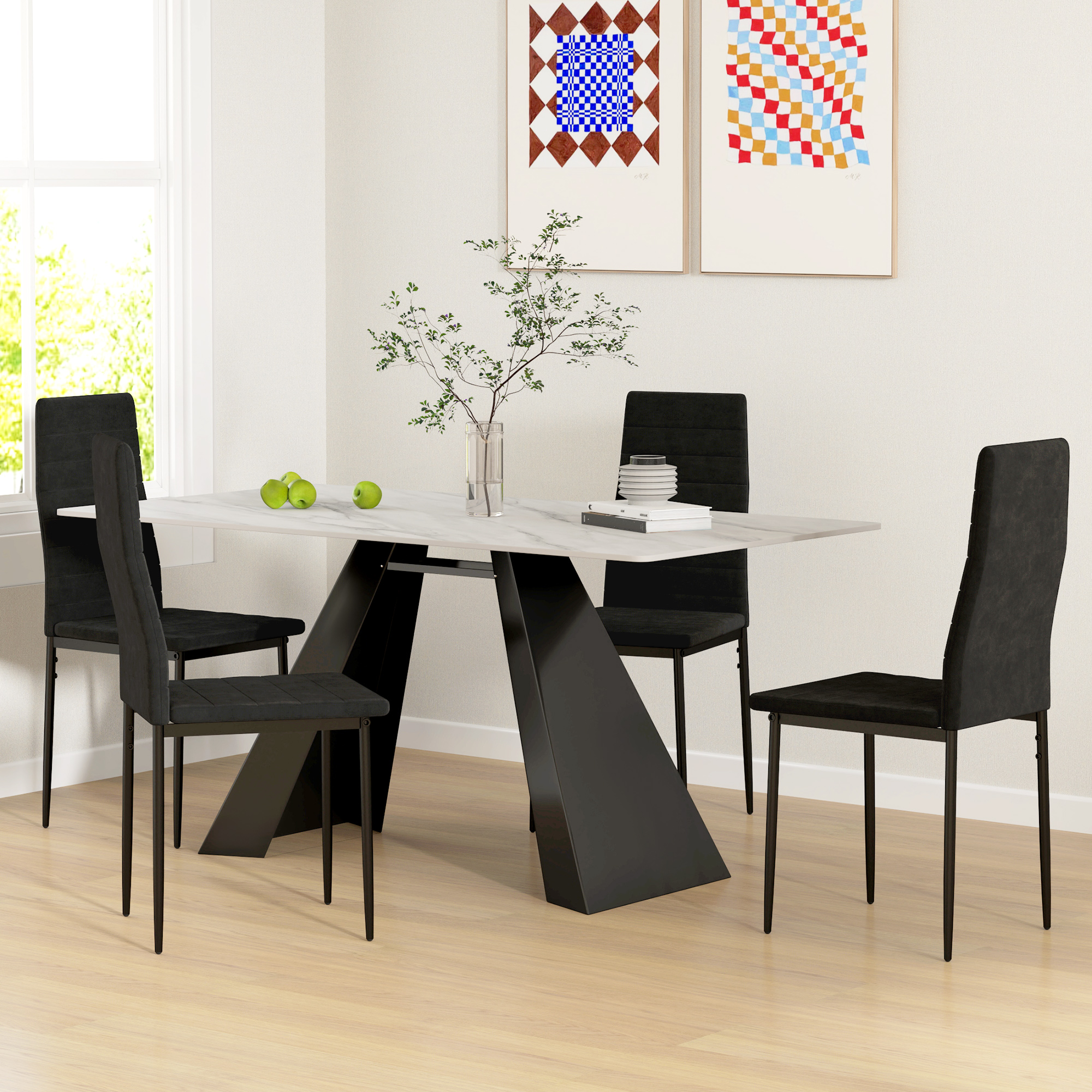 4er-Set Esszimmerstühle, armloses Design, Stoffpolsterung, Metallbeine, Schwarz