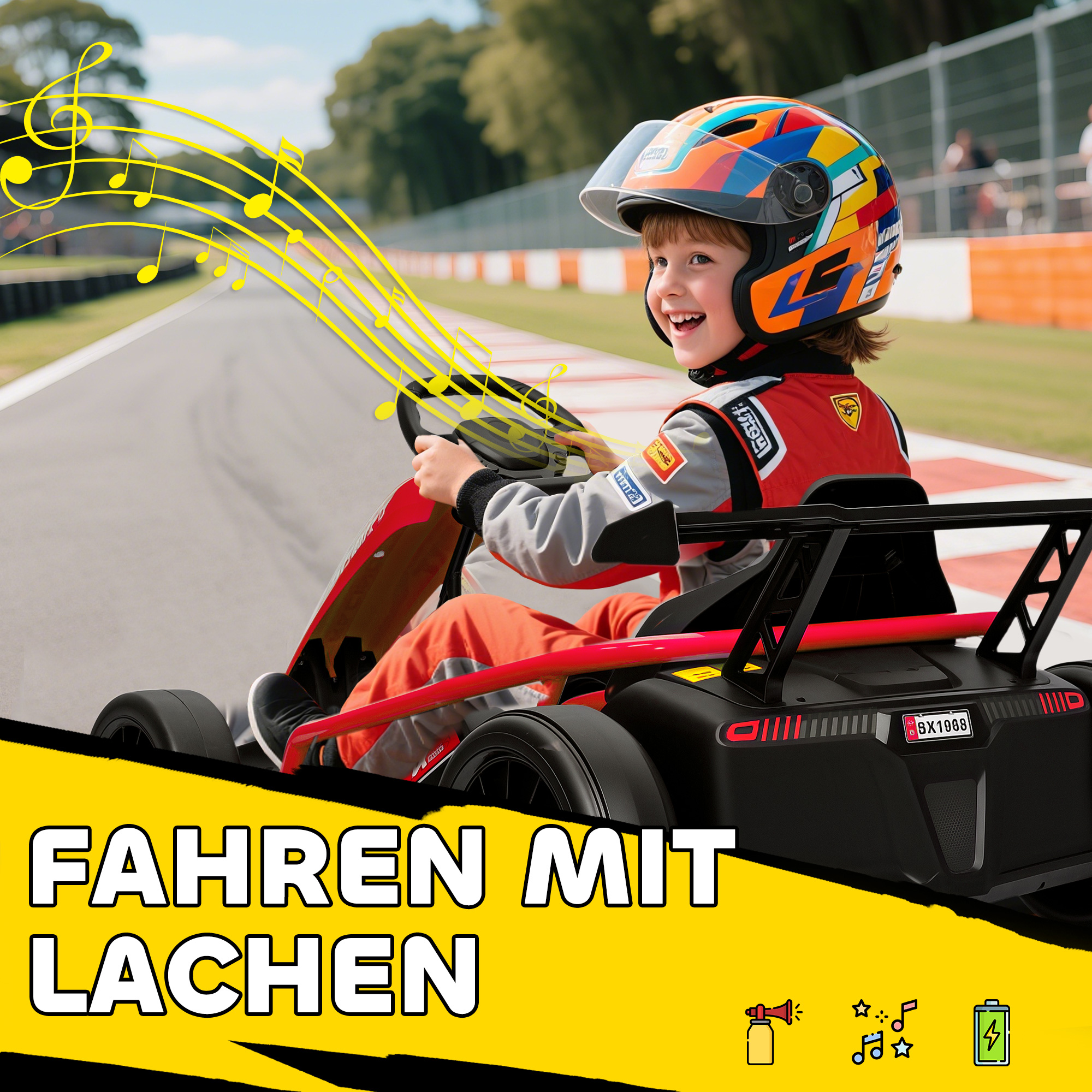 24V Elektro-Go-Kart, Nylon-Reifen, Sicherheitsgurt, Hupe, Musik für 8-12 Jahre Rot