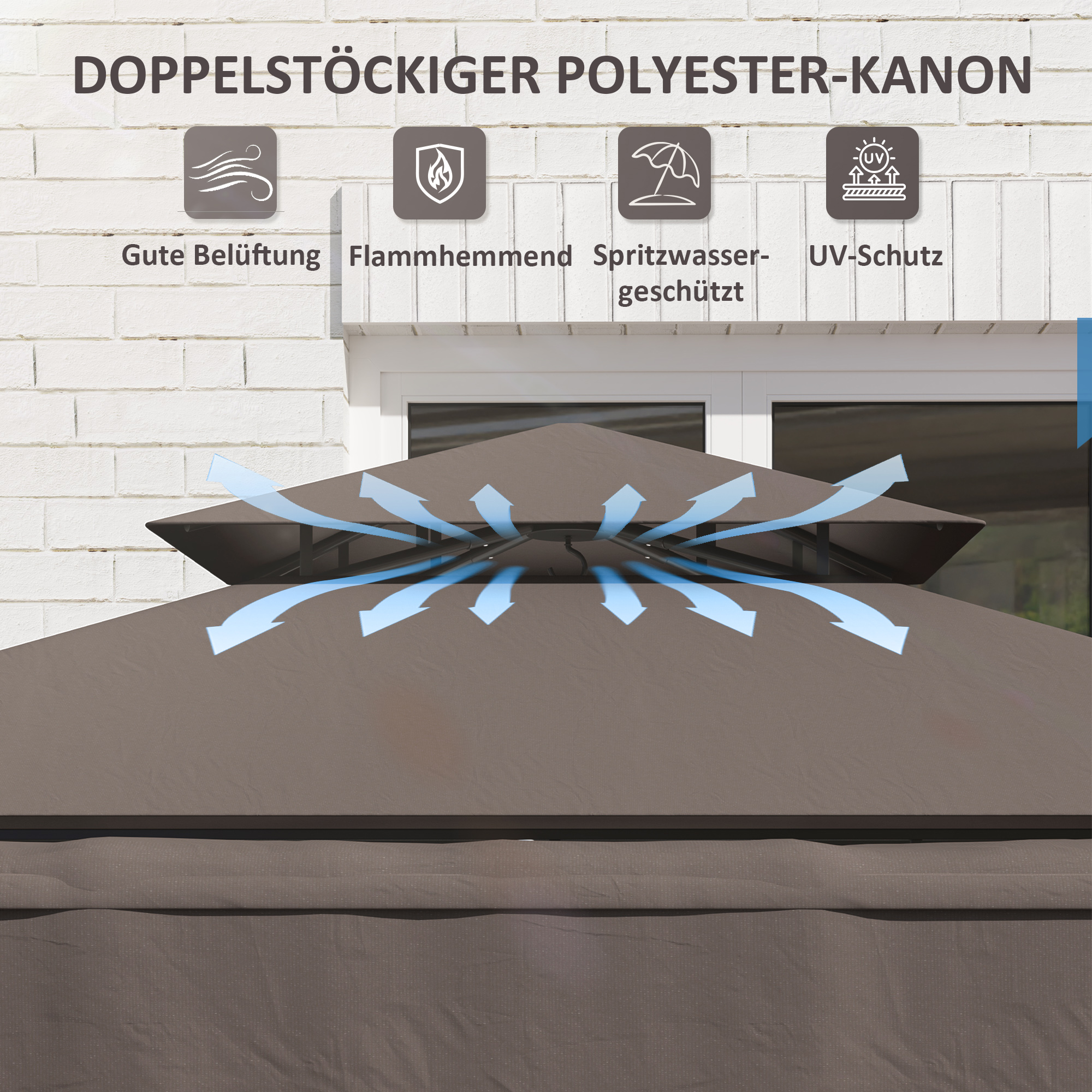 Grillpavillon 242x232x248 cm wasserabweisend flammhemmend Gartenpavillon mit Doppelschichtdach Kaffee