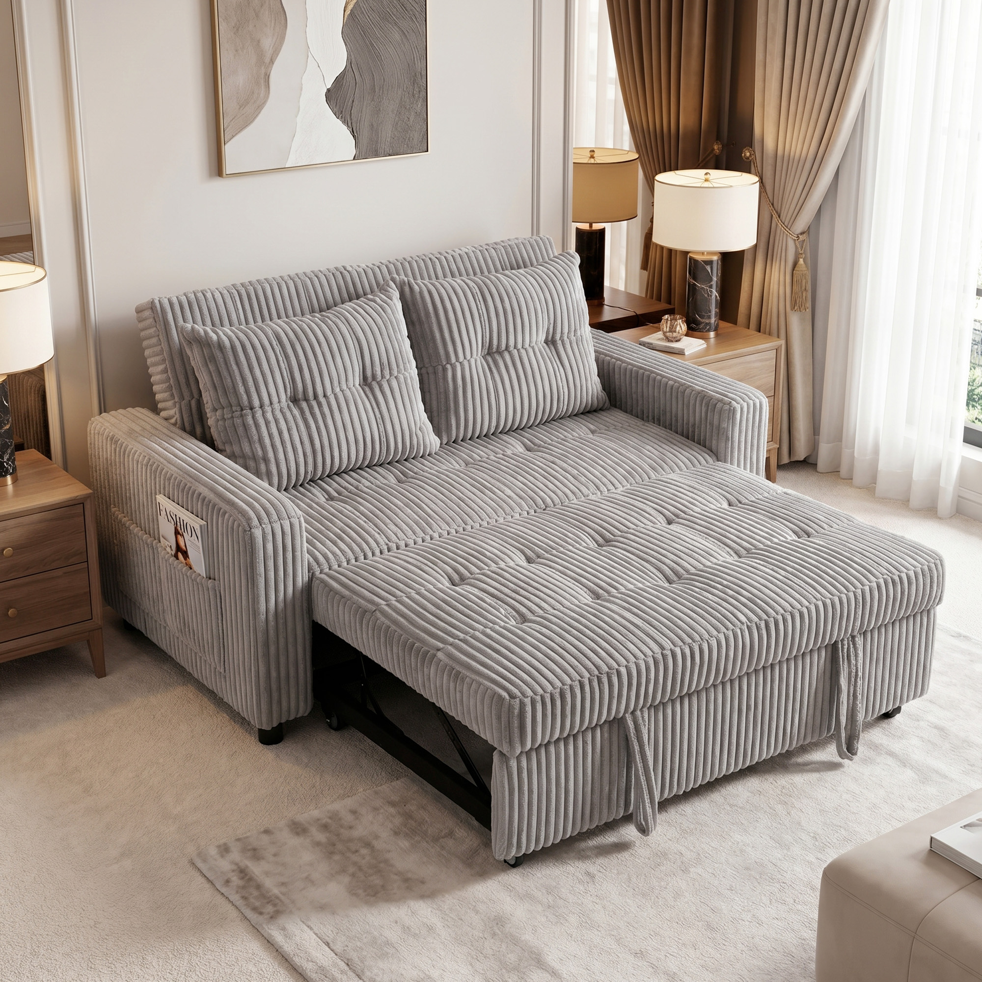 2-Sitzer Sofabett, Cordbezug, zum Schlafsofa umwandelbar, 2 Kissen, Seitentaschen, 157 x 190 cm, Hellgrau
