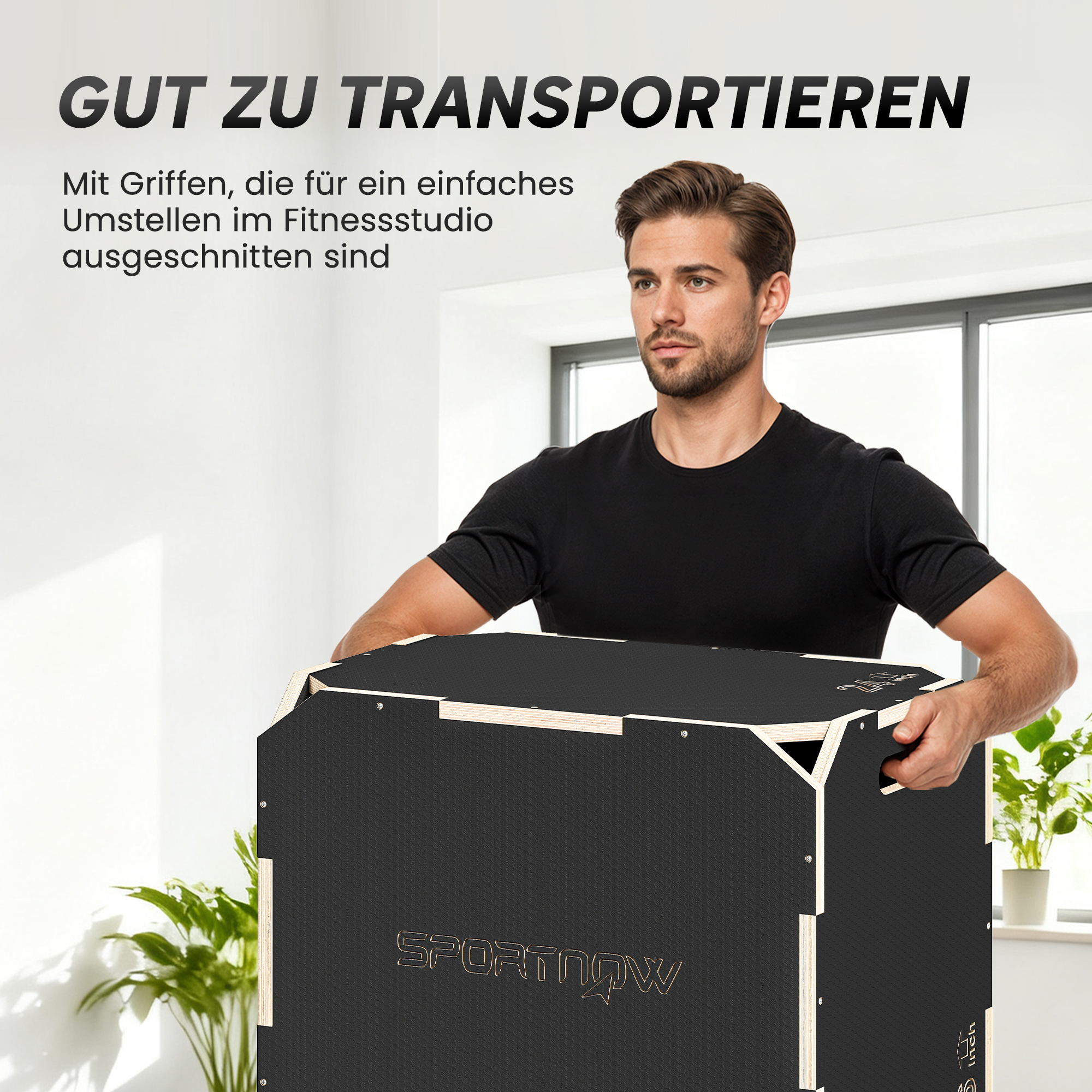3-in-1 Plyo-Box, Sprungbox mit Griff-Öffnungen, für Home-Fitness und Outdoor-Workouts, 3 Sprunghöhen, Holz, Schwarz