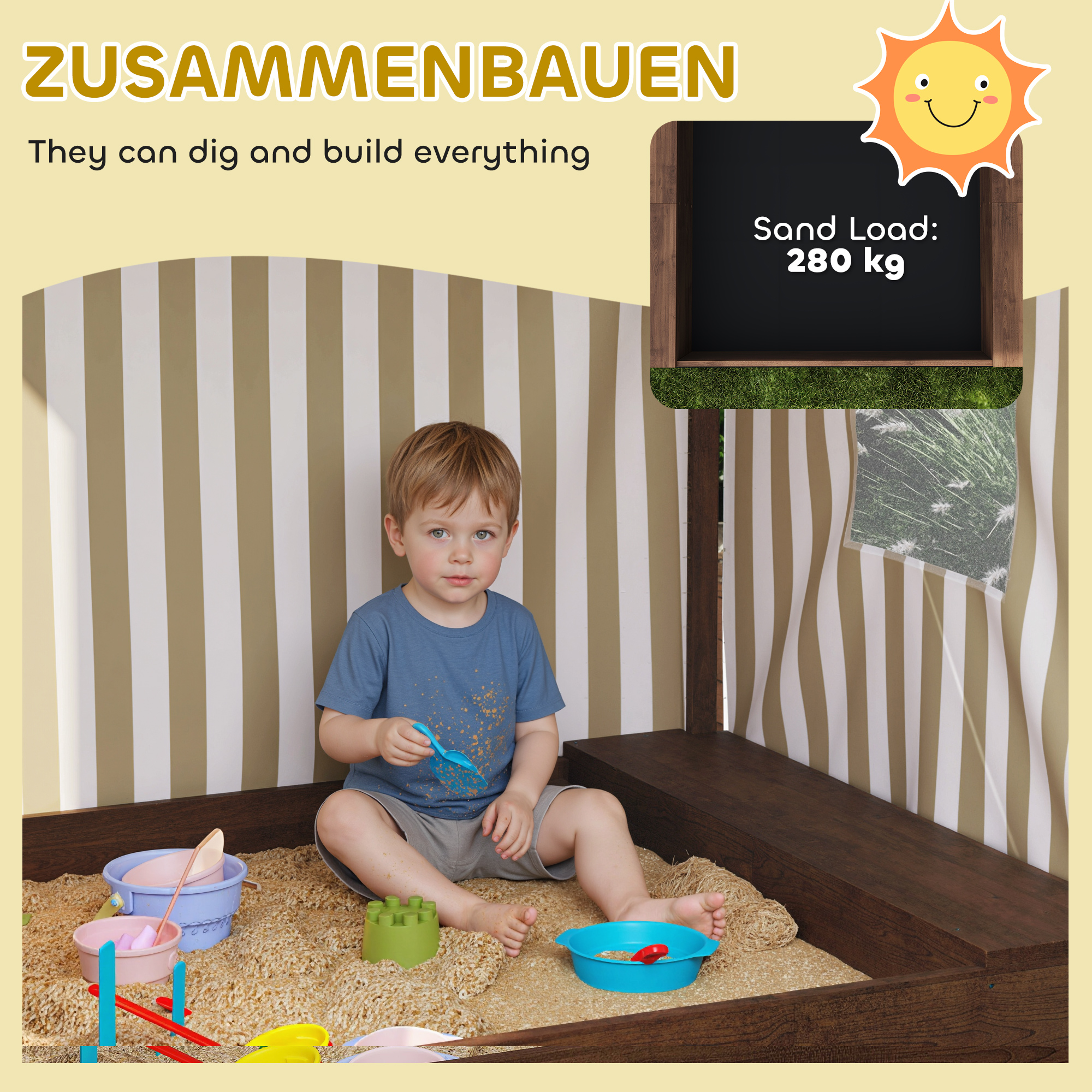 Sandkasten, Sandkiste mit Vordach und Netztür, Sitzbänke, Bodenschutz, Braun