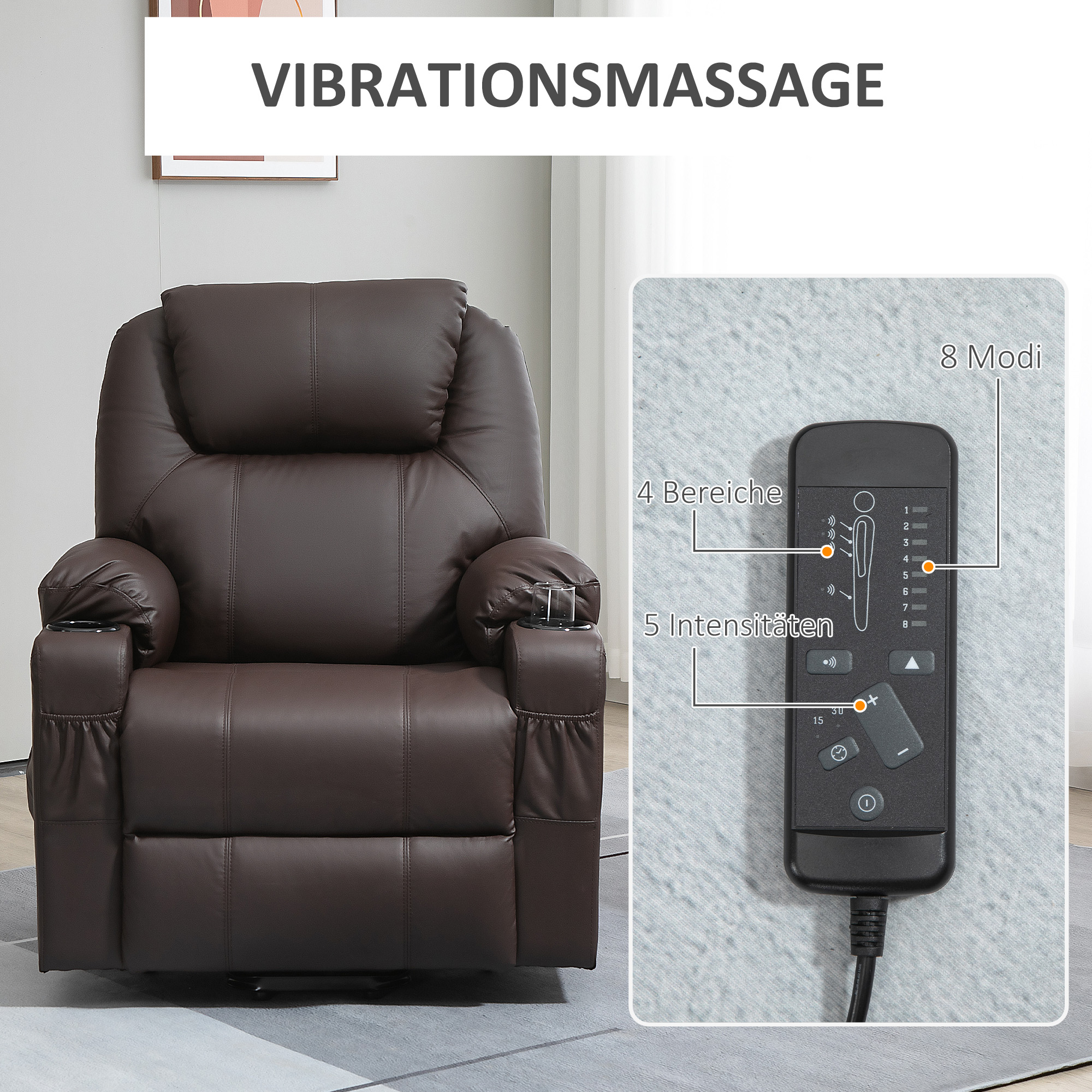 Massagesessel mit Aufstehhilfe, Liegefunktion, Kunstleder, bis 150 kg, 88 x 99 x 106 cm, Braun