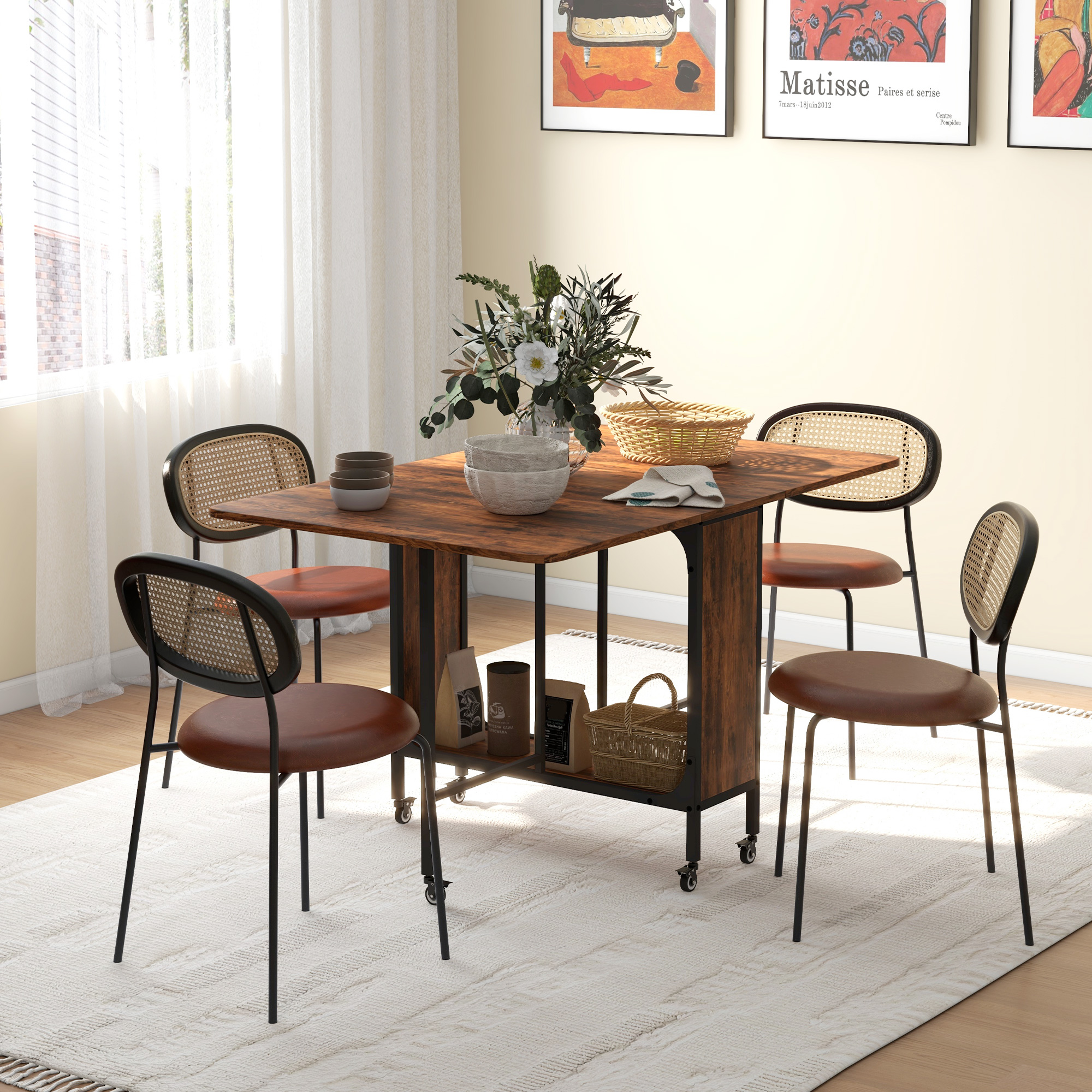 klappbarer Esstisch, Mobiler Klapptisch für 6 Personen, mit Ablage, bis 50 kg belastbar, 130 x 80 x 74 cm, Rotbraun