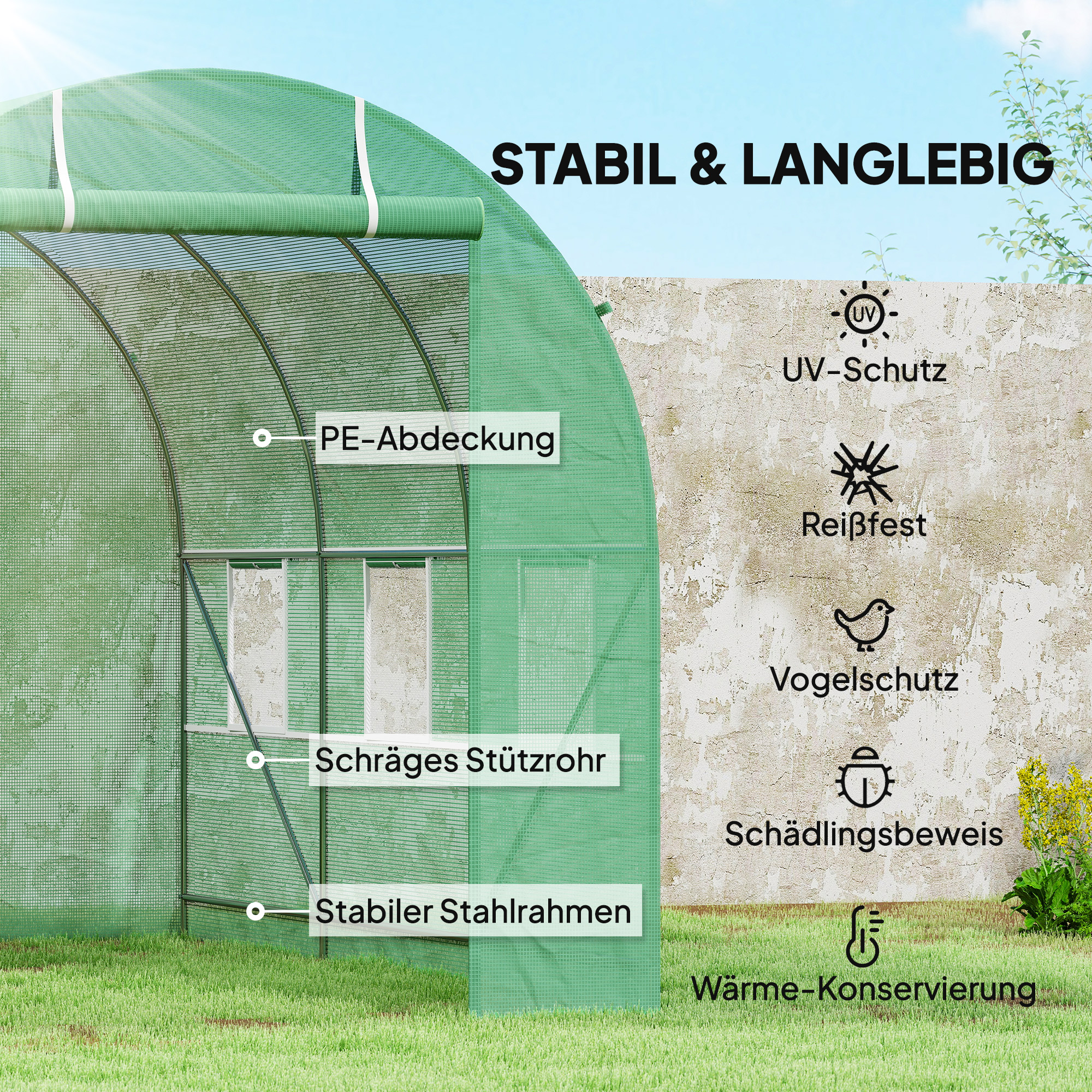 Gewächshaus 350x200x200cm Foliengewächshaus Tomatenhaus mit Tür, 6 Fenster, Folientunnel aus verzinktem Stahl, PE, stabiles Treibhaus Pflanztunnel, inkl, Erdanker & Seilen, Grün