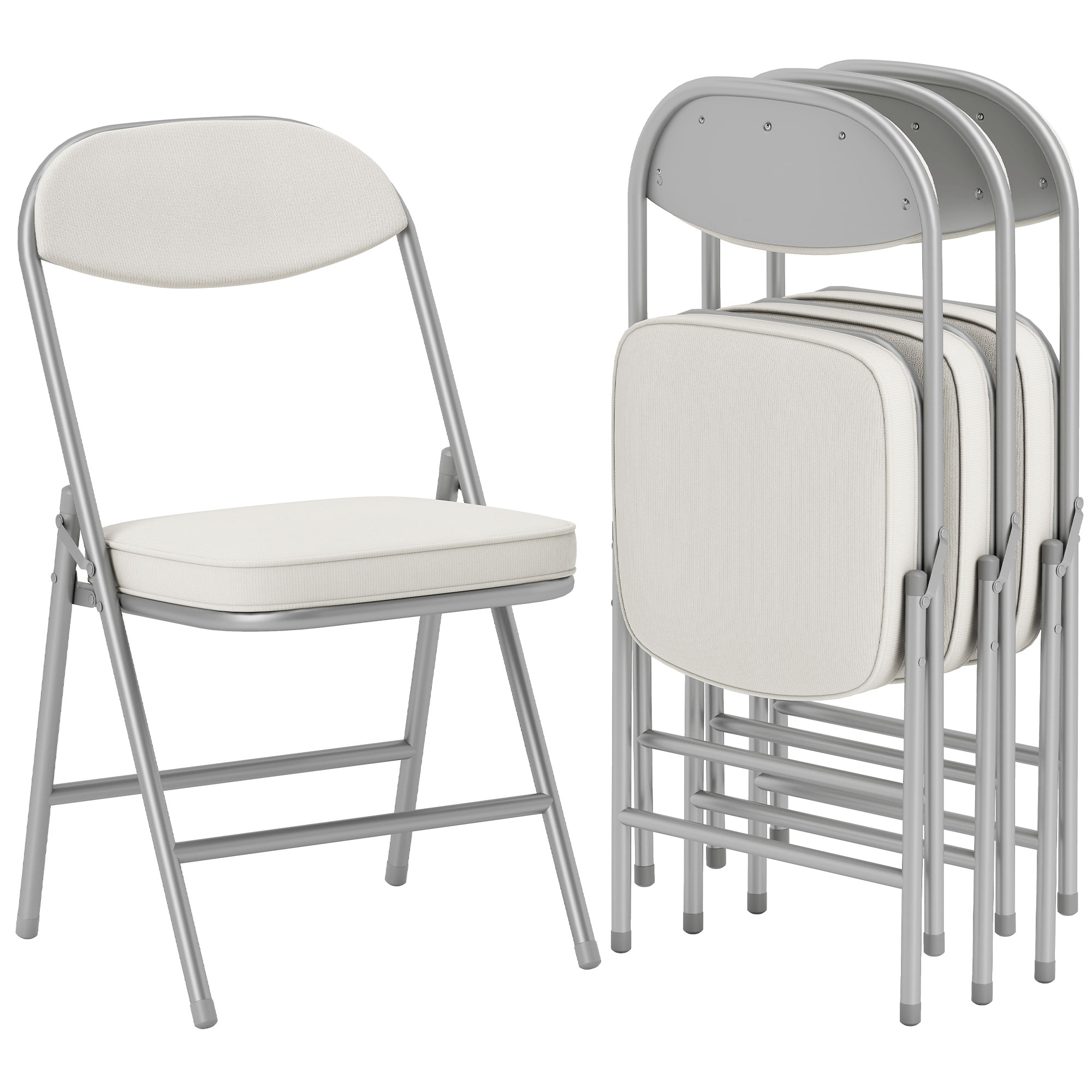 4er-Set gepolsterte Klappstühle, Faltbare Stühle mit Cordbezug, Rückenlehne, Metallrahmen, Cremeweiß