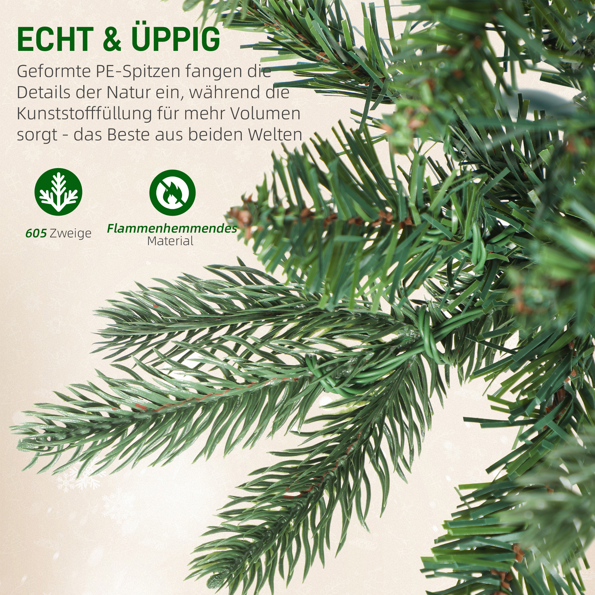 Weihnachtsbaum künstlich 180 cm Christbaum mit 605 dichten Zweigen, 200 warmweiß LED Indoor