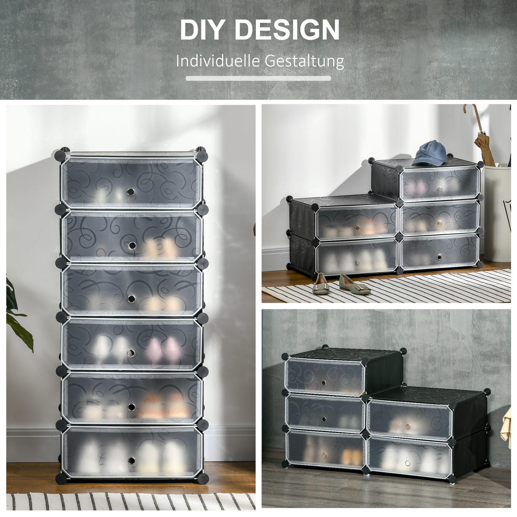 Modulares Regalsystem für 6 Paar Schuhe, 49 cm x 36,5 cm x 108 cm, Schwarz