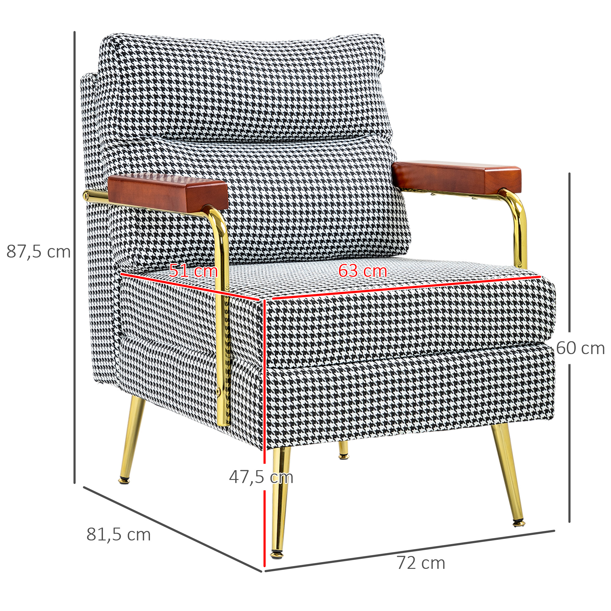 Sessel im Retrodesign, Akzentsessel, Hahnentrittmuster, Holzemelente, Federkern, Schwarz + Weiß