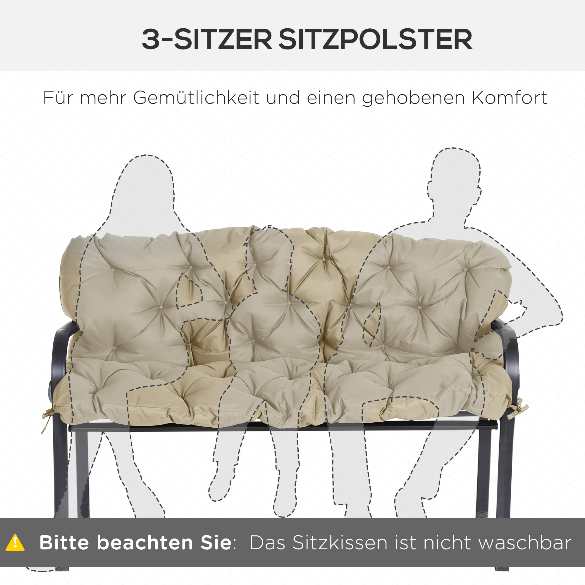 3 Sitzer Bankauflage 150x98x8 cm Bankkissen mit Bändern, Bankpolster für Gartenmöbel Hollywoodschaukel, Khaki