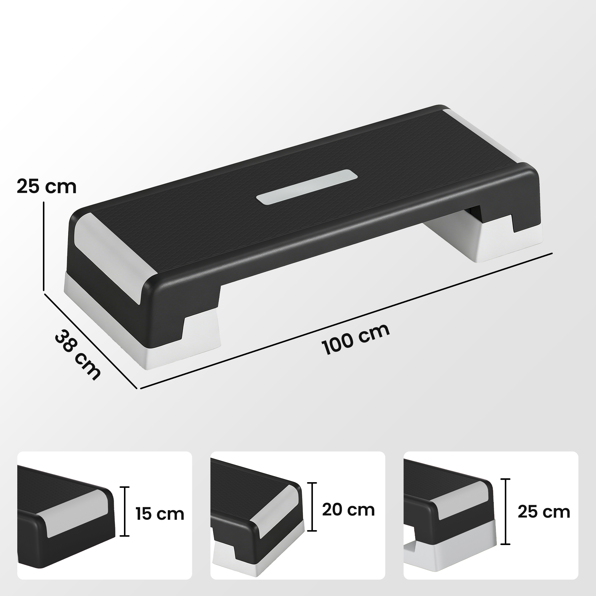Steppbrett höhenverstellbar Fitness Aerobic Stepper mit 3 Stufen (15/20/25 cm), Anti-Rutsch-Matte Schwarz+Grau