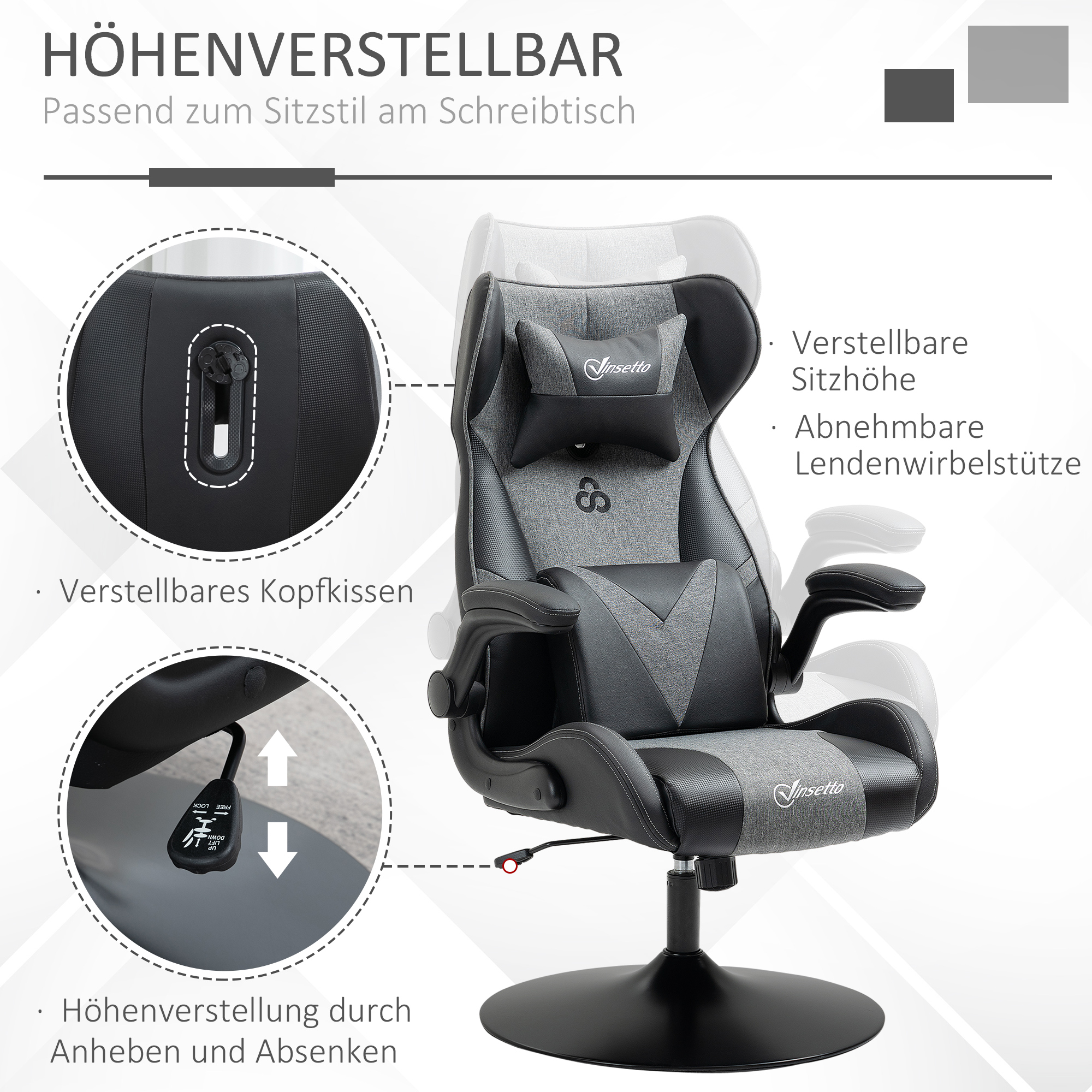 Gaming-Stuhl, höhenverstellbar & drehbar, Kunstleder-Bezug, klappbare Armlehnen, Schwarz+Grau