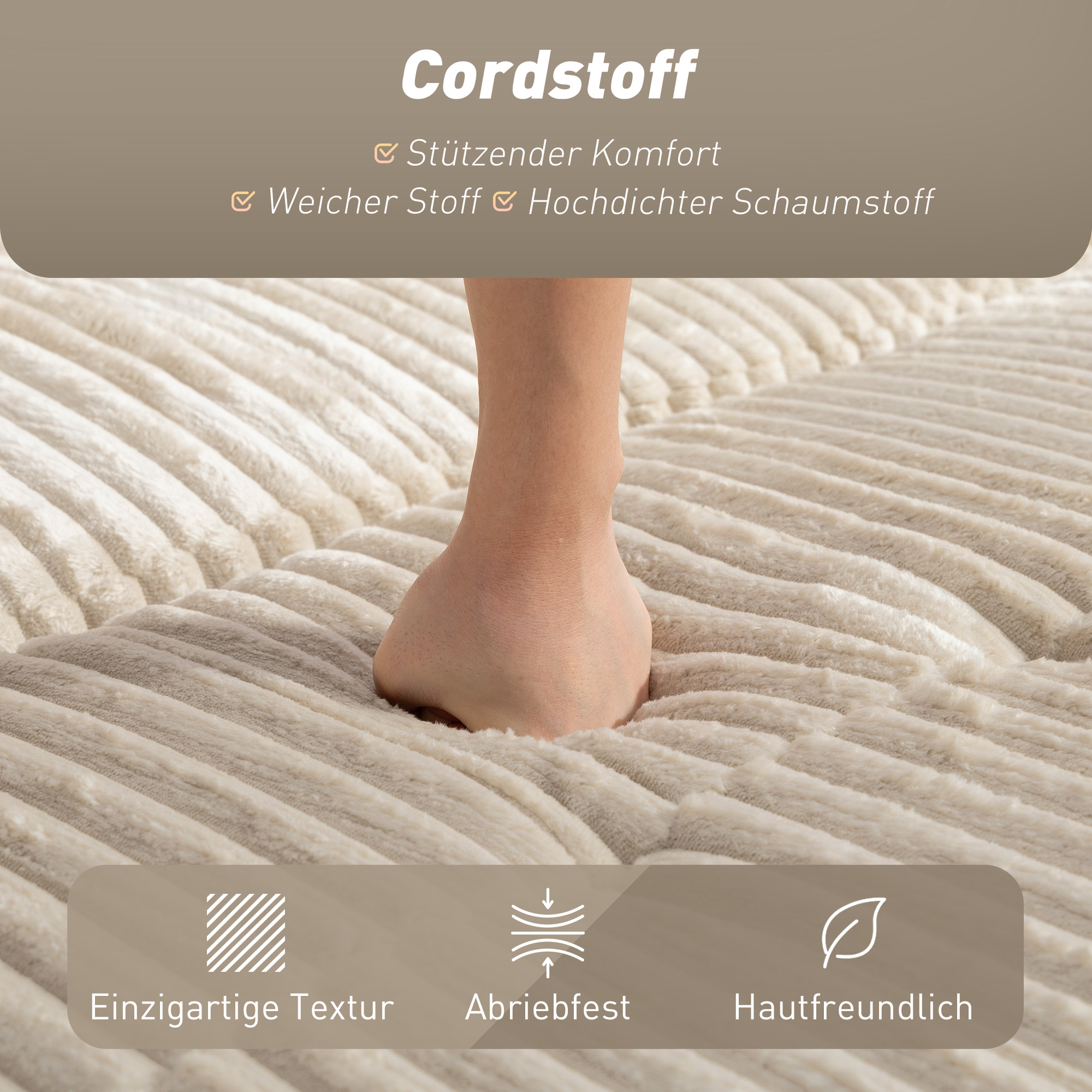 2-Sitzer Sofabett, Cordbezug, zum Schlafsofa umwandelbar, 2 Kissen, Seitentaschen, 157 x 190 cm, Cremeweiß