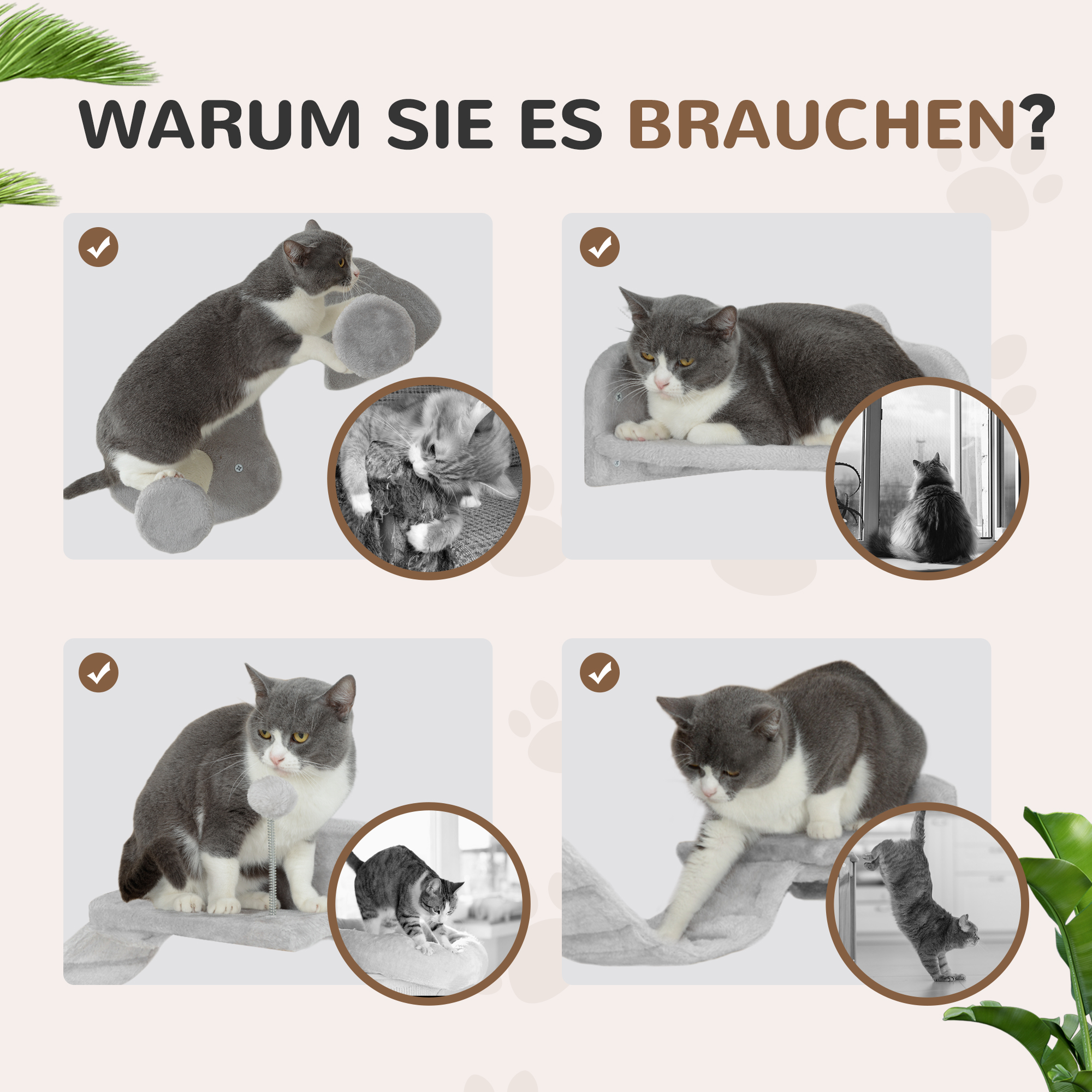 Katzentreppen-Set, 4-teilig, Kratzmöbel mit Sisal-Stufen, doppelter Plattform, Hellgrau/Cremeweiß