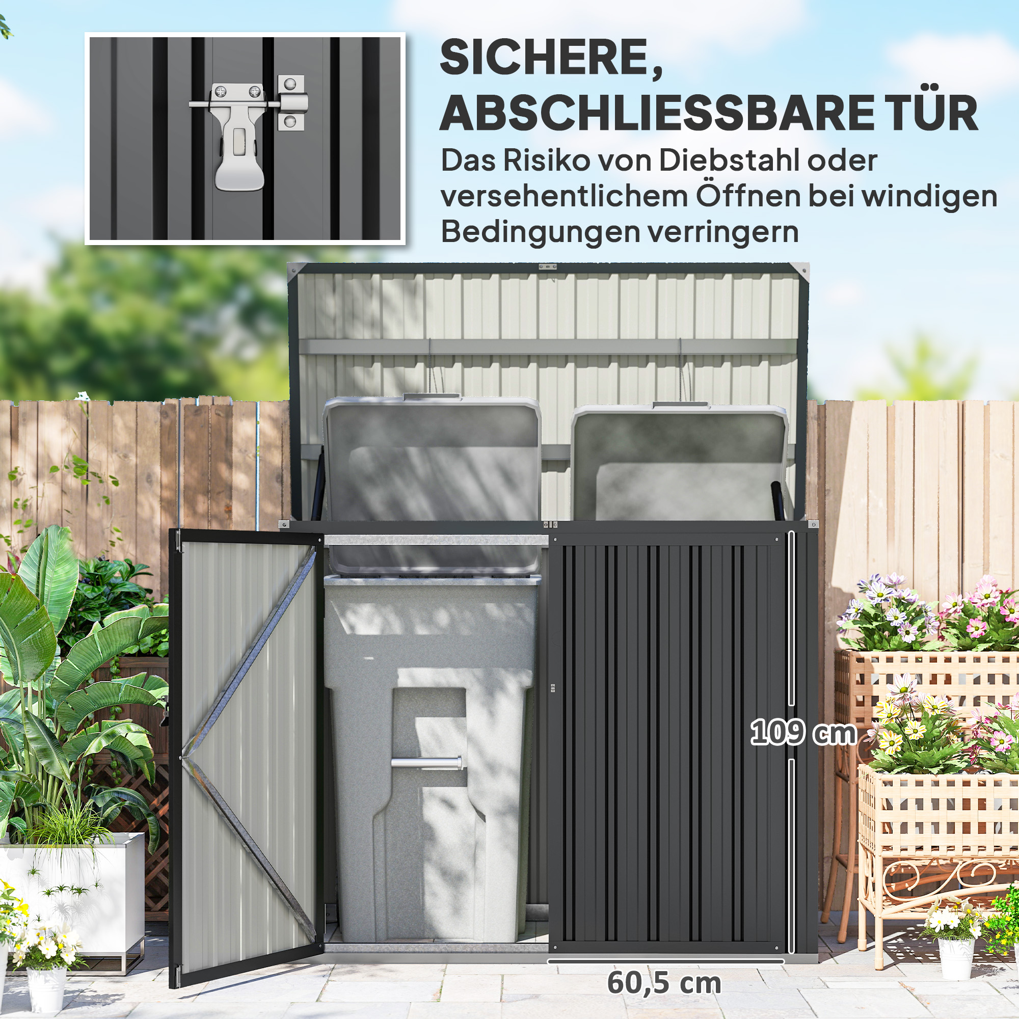 Mülltonnenbox für 2 Tonnen Abschließbar Mülltonnenverkleidung mit aufklappbarem Deckel Dunkelgrau