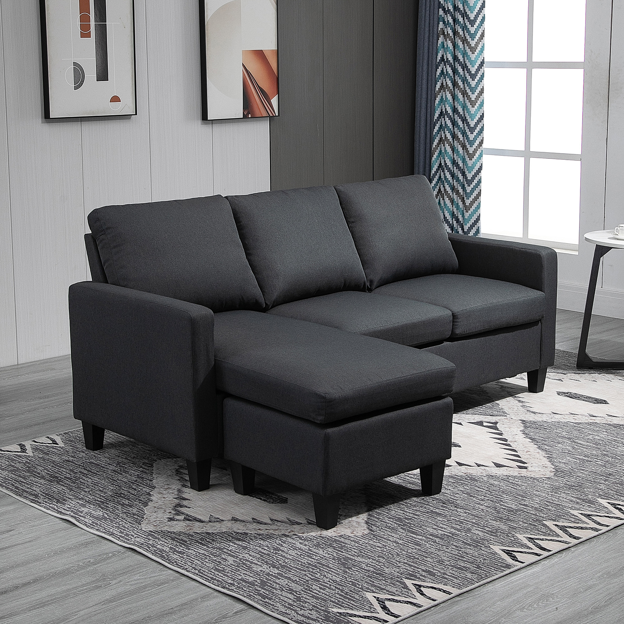 Ecksofa, 3 Sitzer Sofa und Kissen, Eckcouch, L-Form Couch für Wohnzimmer, Schlafzimmer 197 x 139 x 91 cm, Leinen, Dunkelgrau