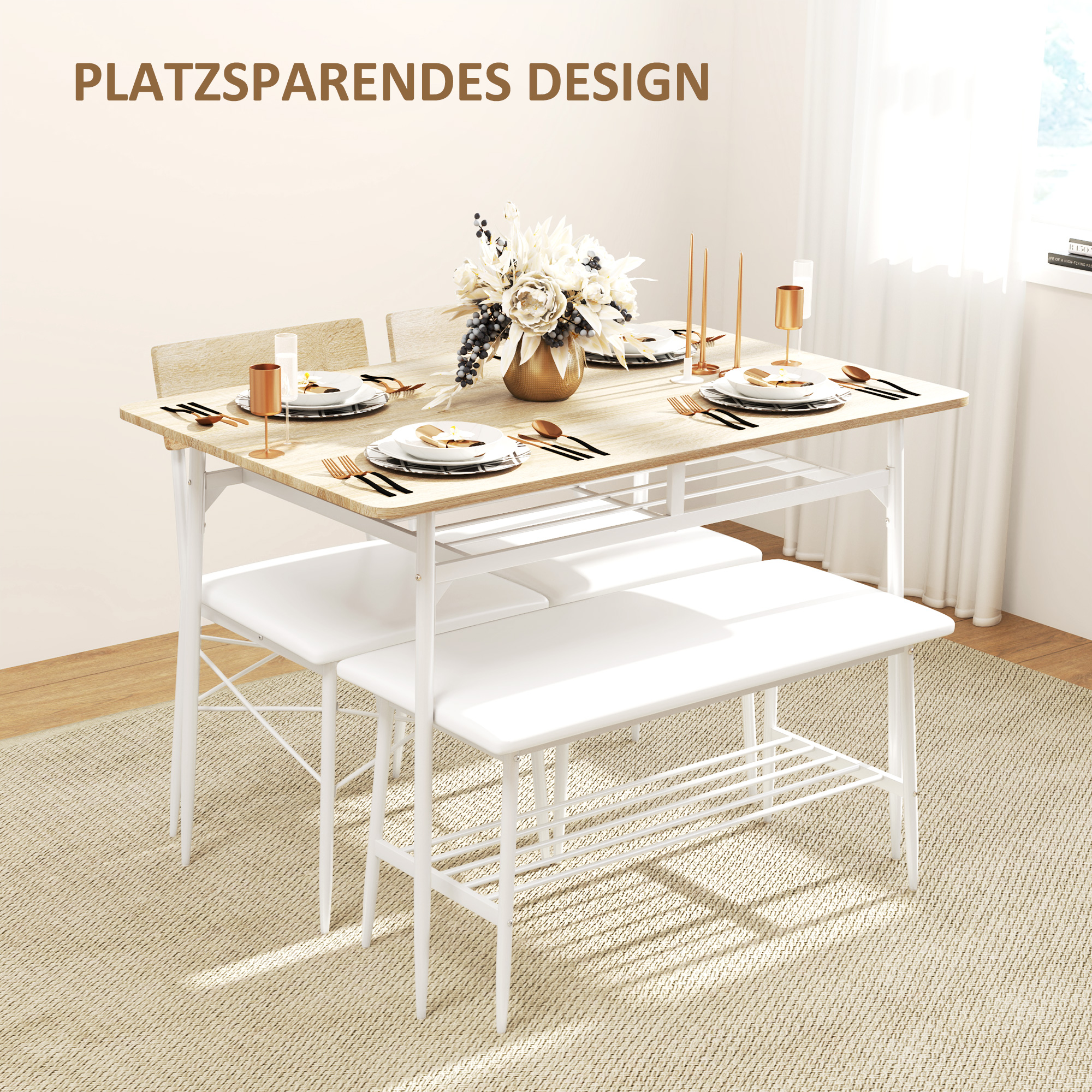 4-teiliges Esstisch-Set mit Stühlen und Bank für 4 Personen, gepolsterte Sitze, Stahlrahmen, Holz, Eiche