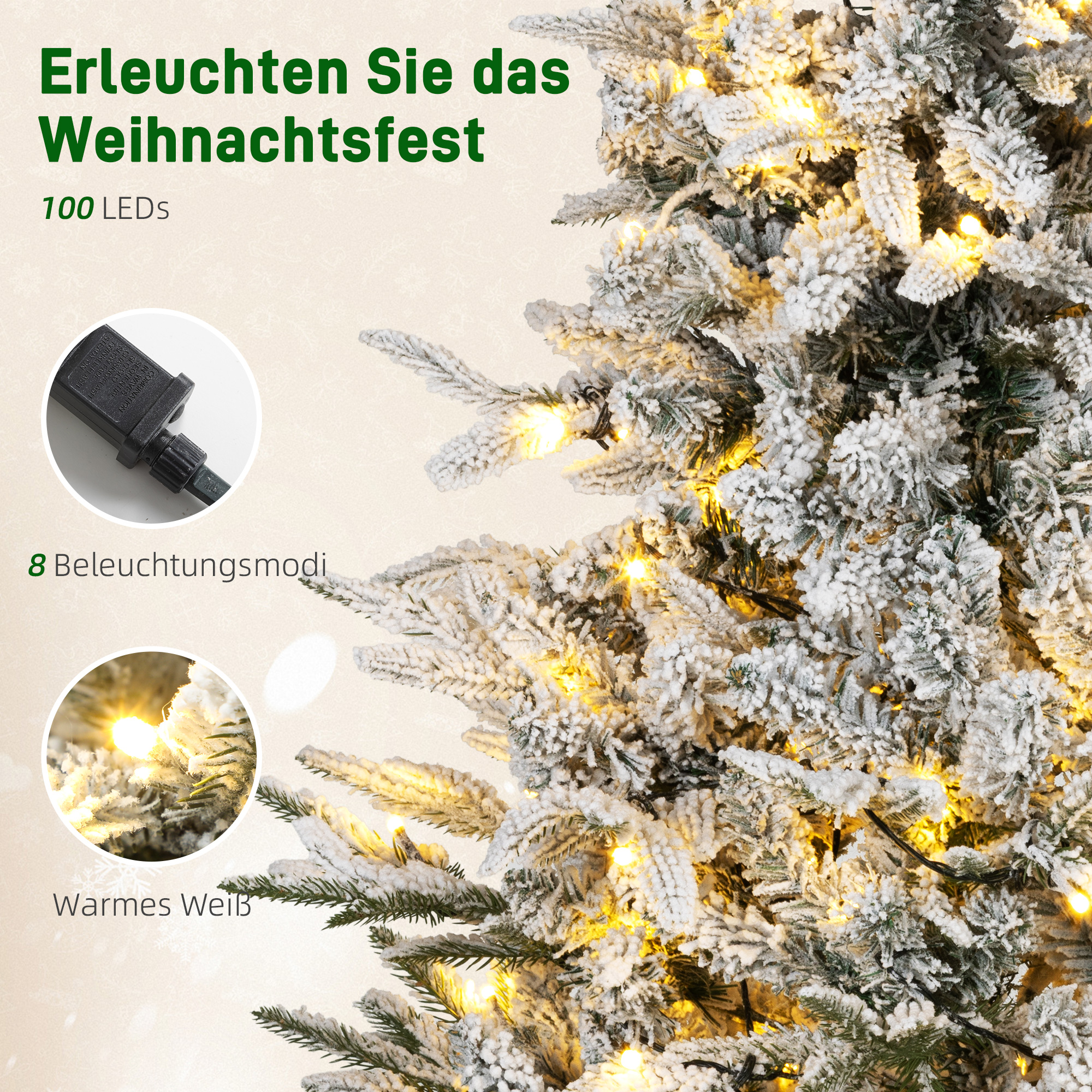 Künstlicher Weihnachtsbaum, schneebedeckter Look, 100 LEDs, 8 Modi, Kunststoff