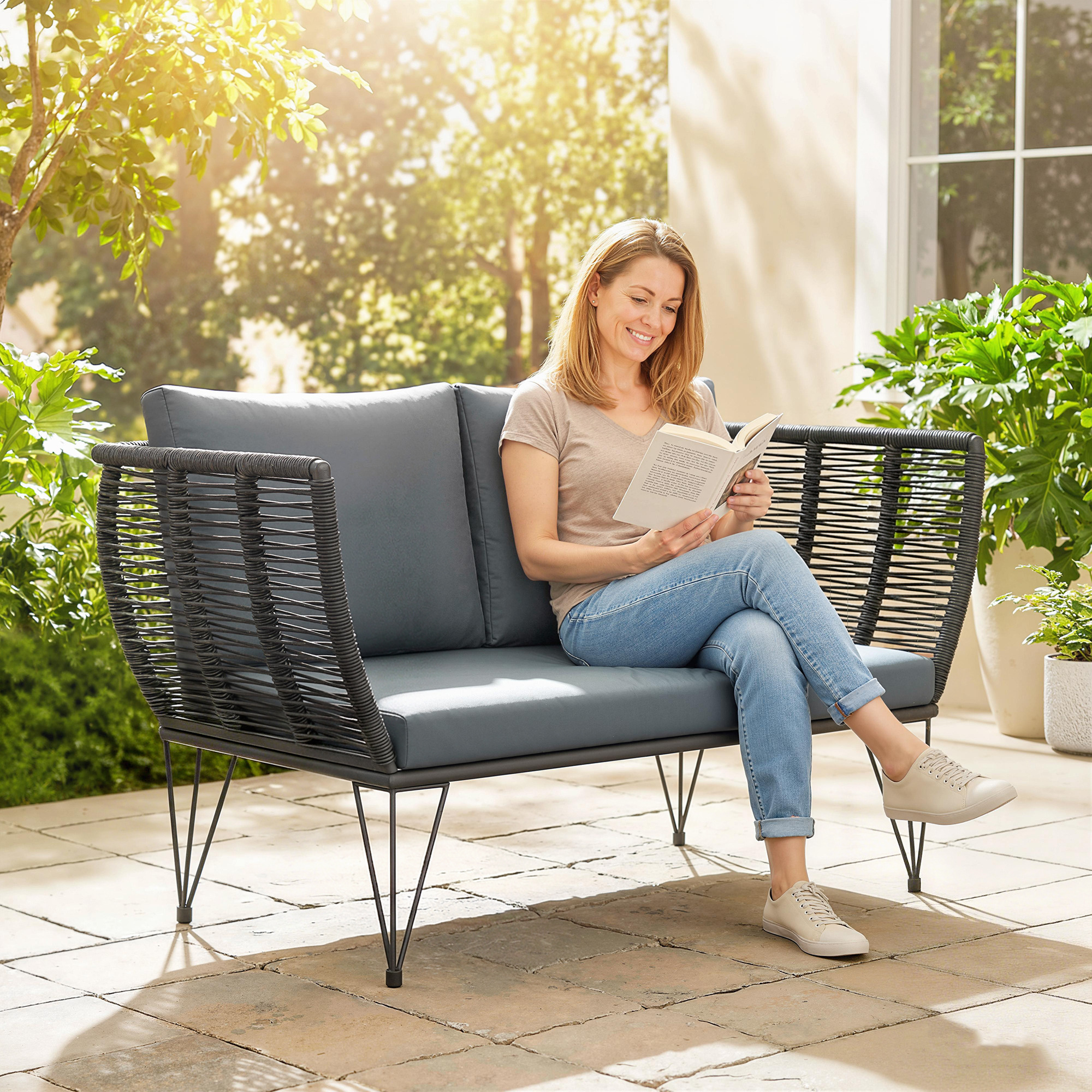 Gartensofa mit Kissen 2-Sitzer Sofa Outdoor Balkon Sofa Rattansofa Polyrattan Gartenmöbel 123 x 67 x 72 cm Hellgrau