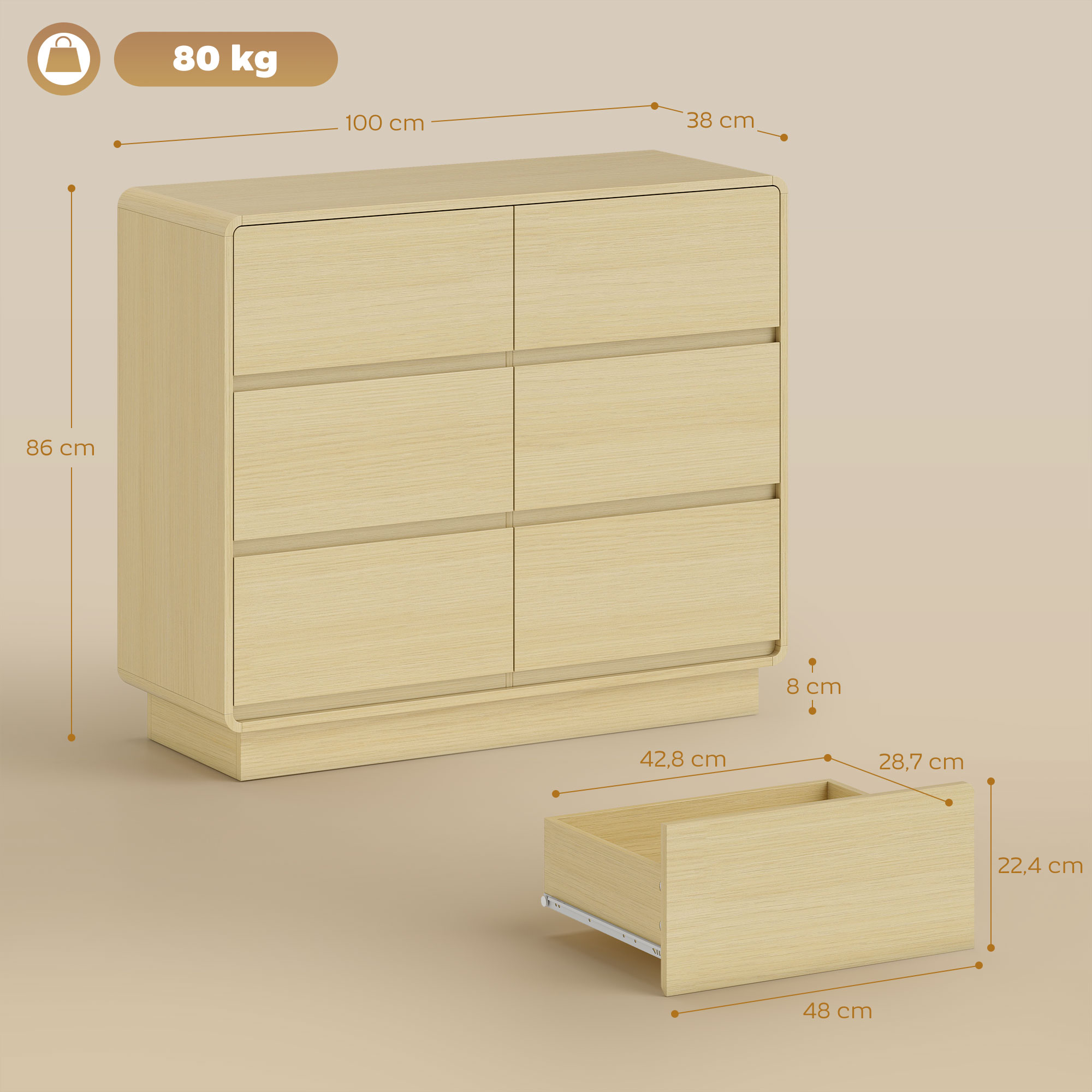 100 cm Sideboard, Buffetschrank mit 6 Schubladen, Kommode für Küche, Wohnzimmer, Esszimmer, Naturholz