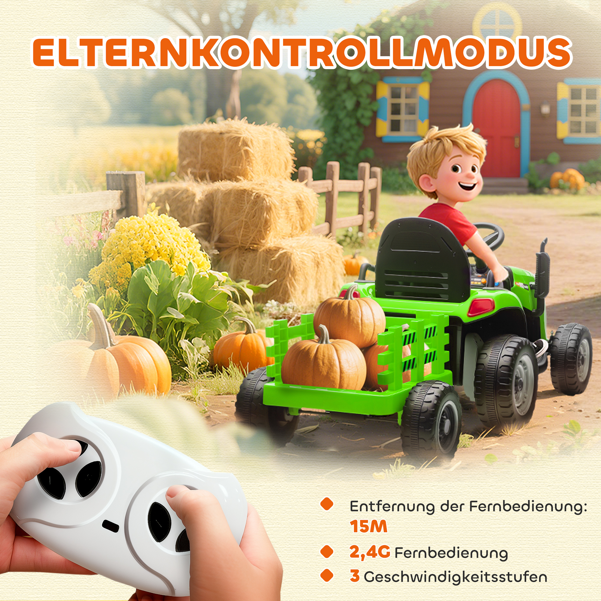 Elektrischer Kindertraktor, Aufsitz-Traktor mit Fernbedienung, Soft-Start, für Kinder im Alter von 3-8 Jahren, Grün