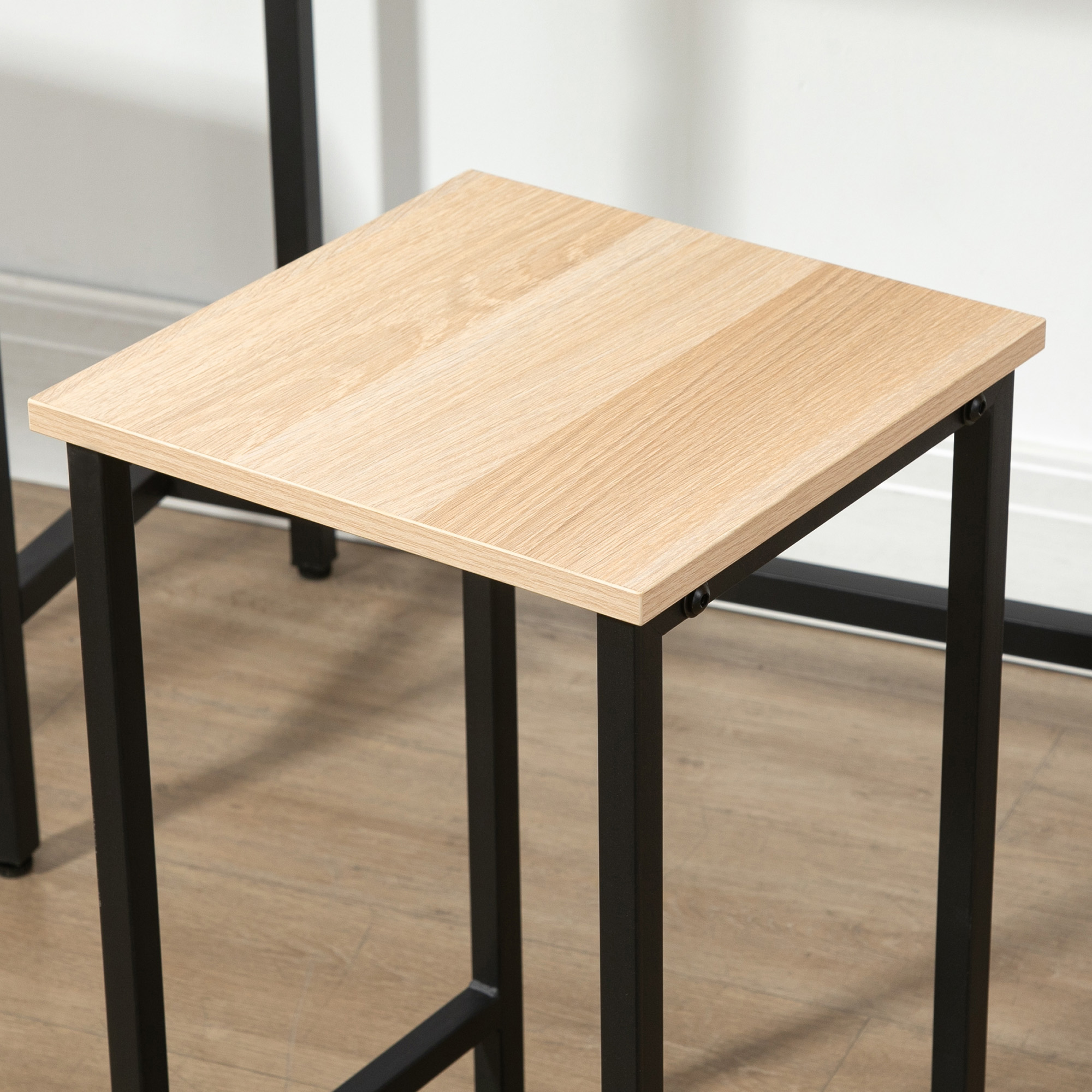 Bartisch-Set im Industrie-Design, 3-teilig, 1 Tisch, 2 Hocker, Schwarz + Natur