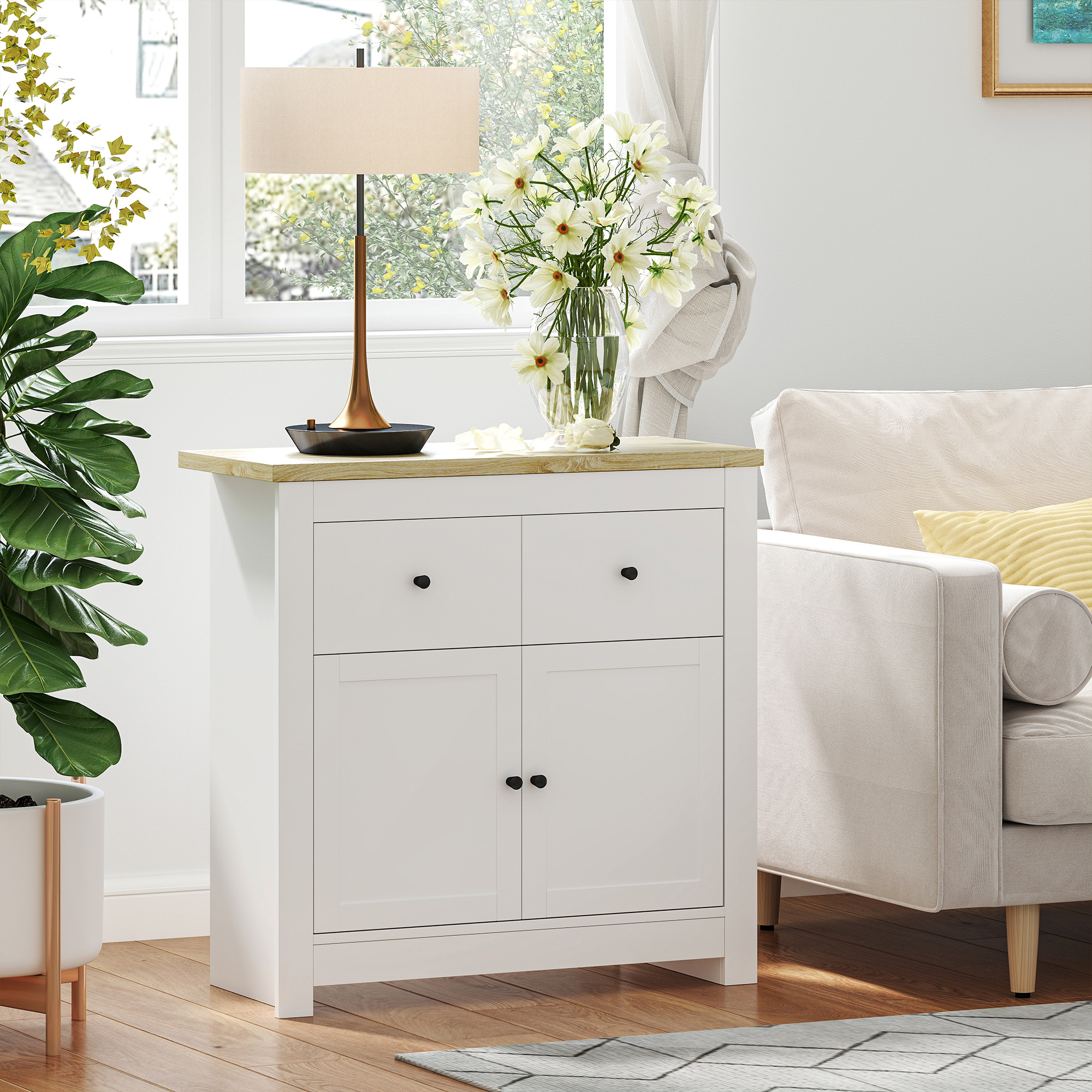 Kommode mit viel Stauraum, Sideboard mit Soft-Close-Türen, 2 Schubladen, verstellbares Regal, Weiß