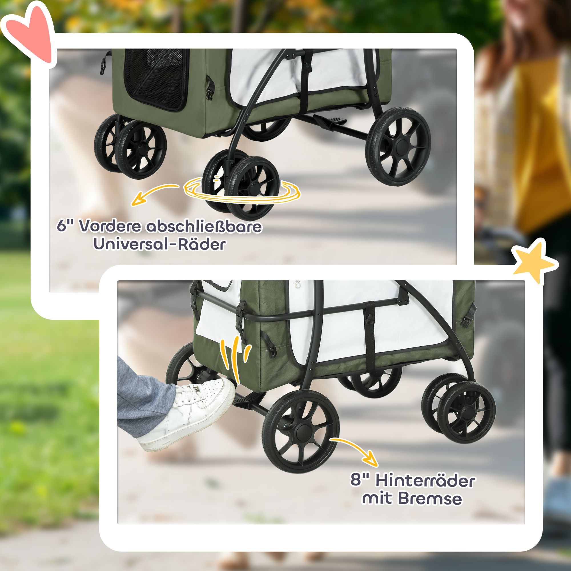 Hundbuggy Haustierbuggy Hundewagen, klappbar, abnehmbarer Korb, 81 x 58 x 97,5 cm, Schwarz+Dunkelgrün+Weiß