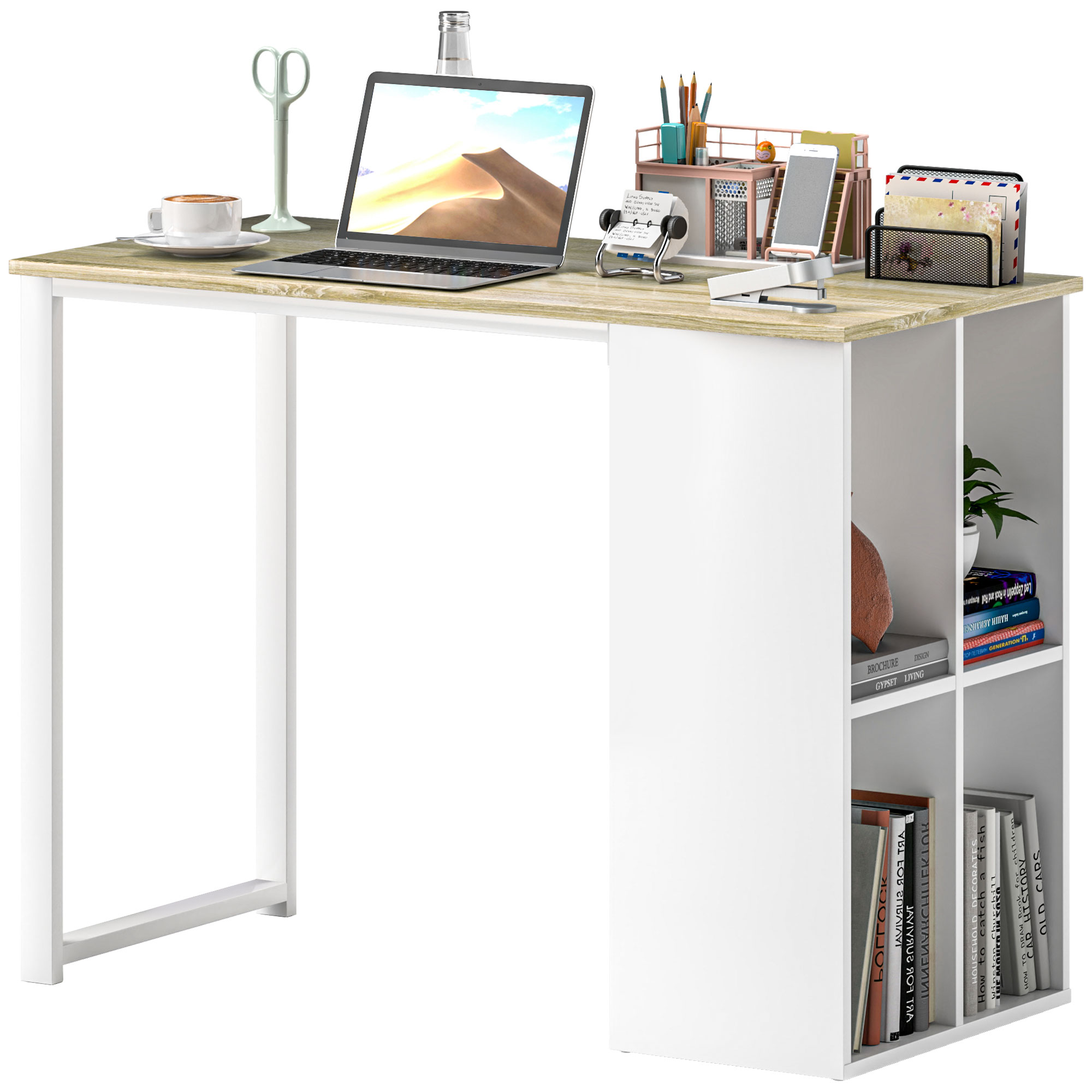 Kompakter Computertisch, Moderner Schreibtisch mit Stauraum-Fächern, für kleine Räume, 100 x 54 x 75 cm, Weiß