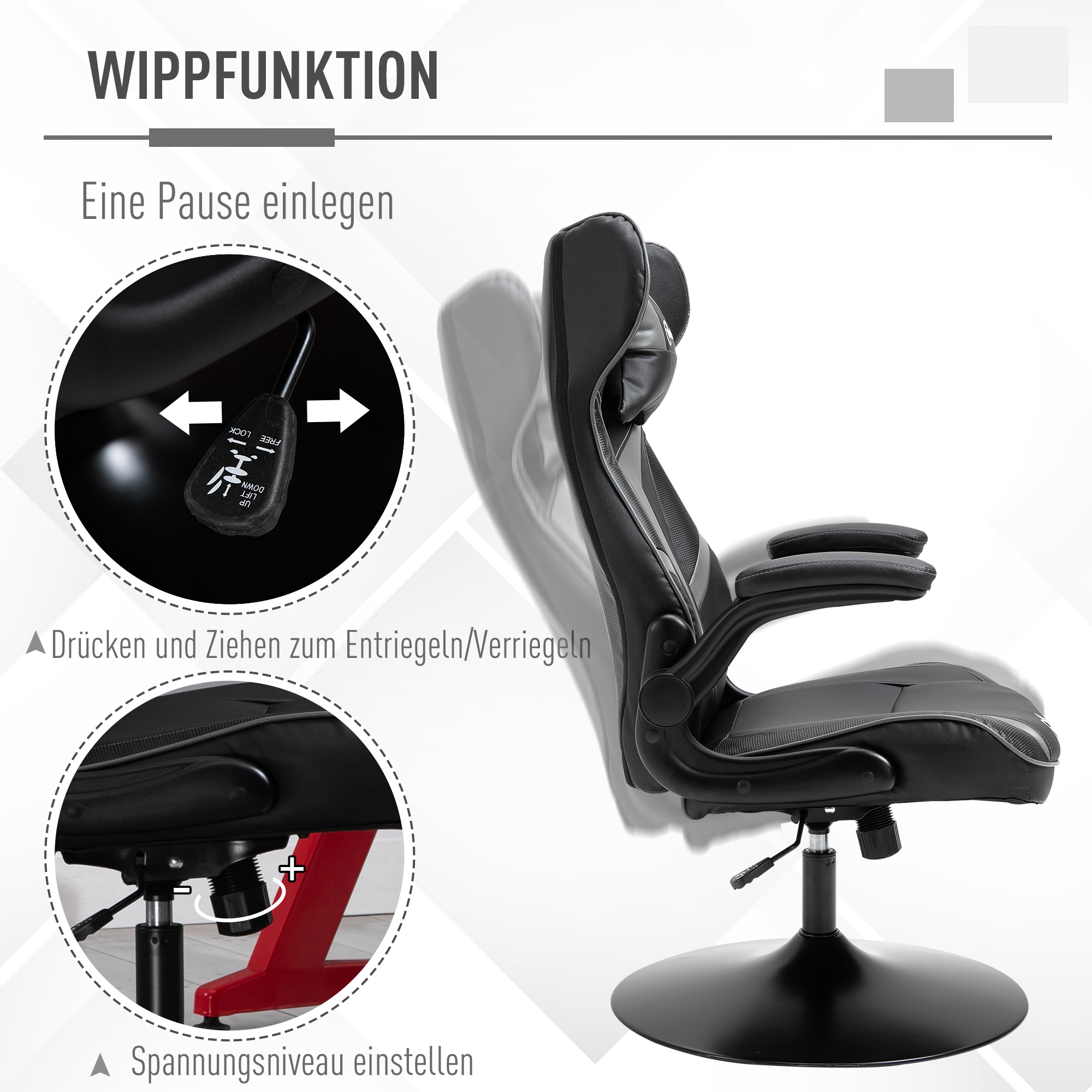 Gaming Stuhl ergonomischer Computerstuhl mit Wippfunktion Drehstuhl höhenverstellbar Stahl Schwarz+Grau 67 x 70 x 106-112 cm