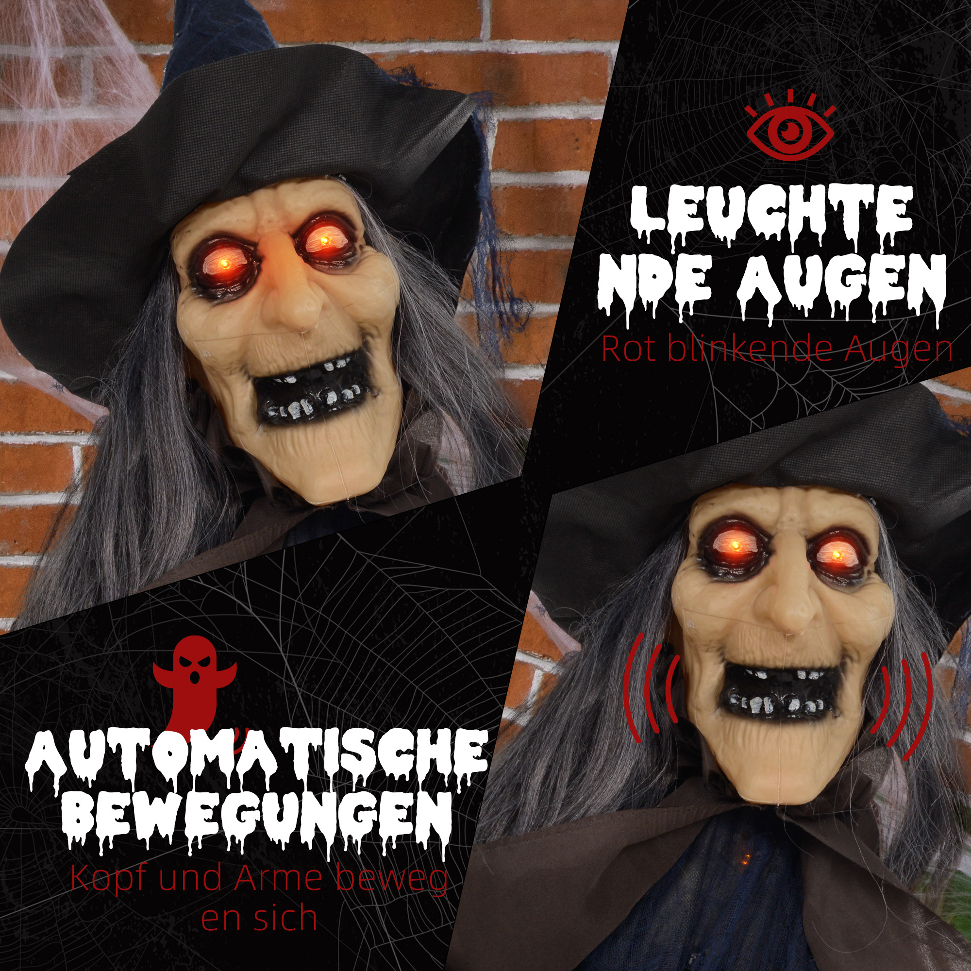 Halloweendekoration Hexe mit Besen, leuchtende Augen, gruselige Geräusche, biegsame Arme, 107x65x190 cm