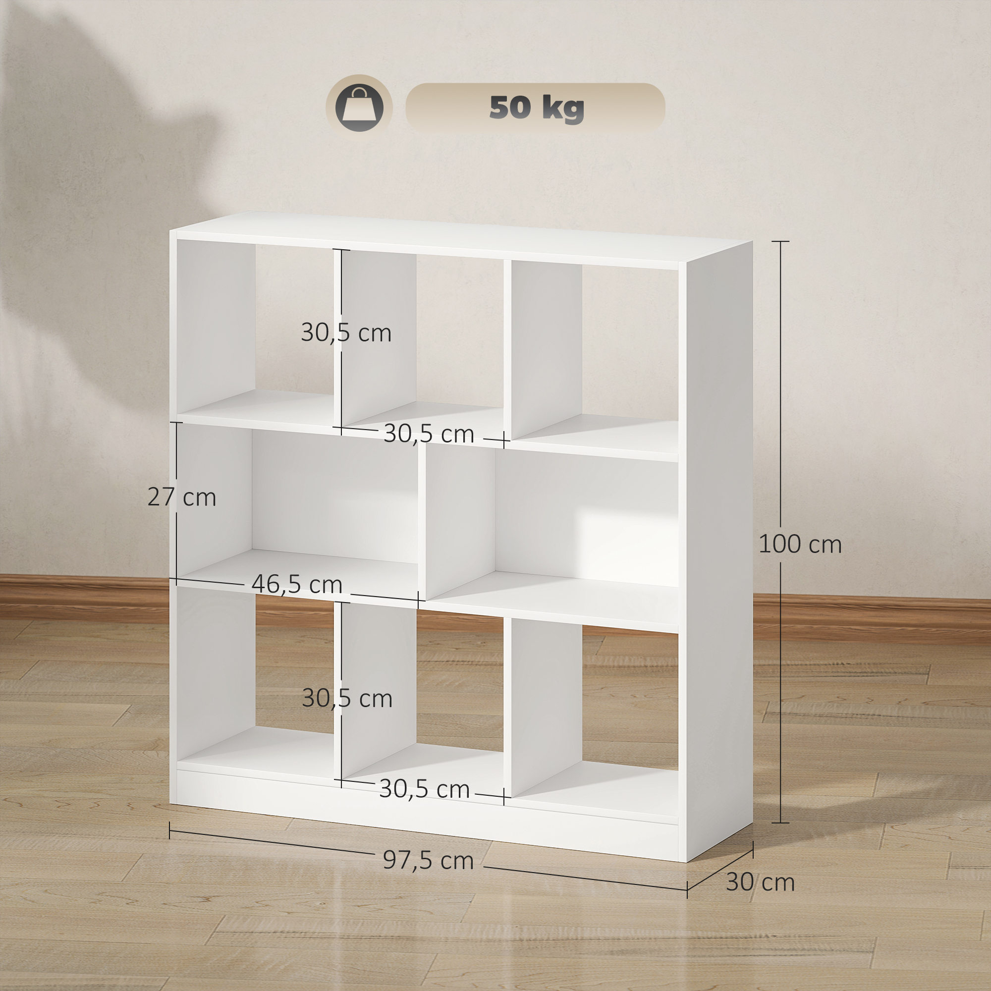 Bücherregal Regal Standregal, 8 Regalfächer, 97,5 x 30 x 100 cm, Weiß