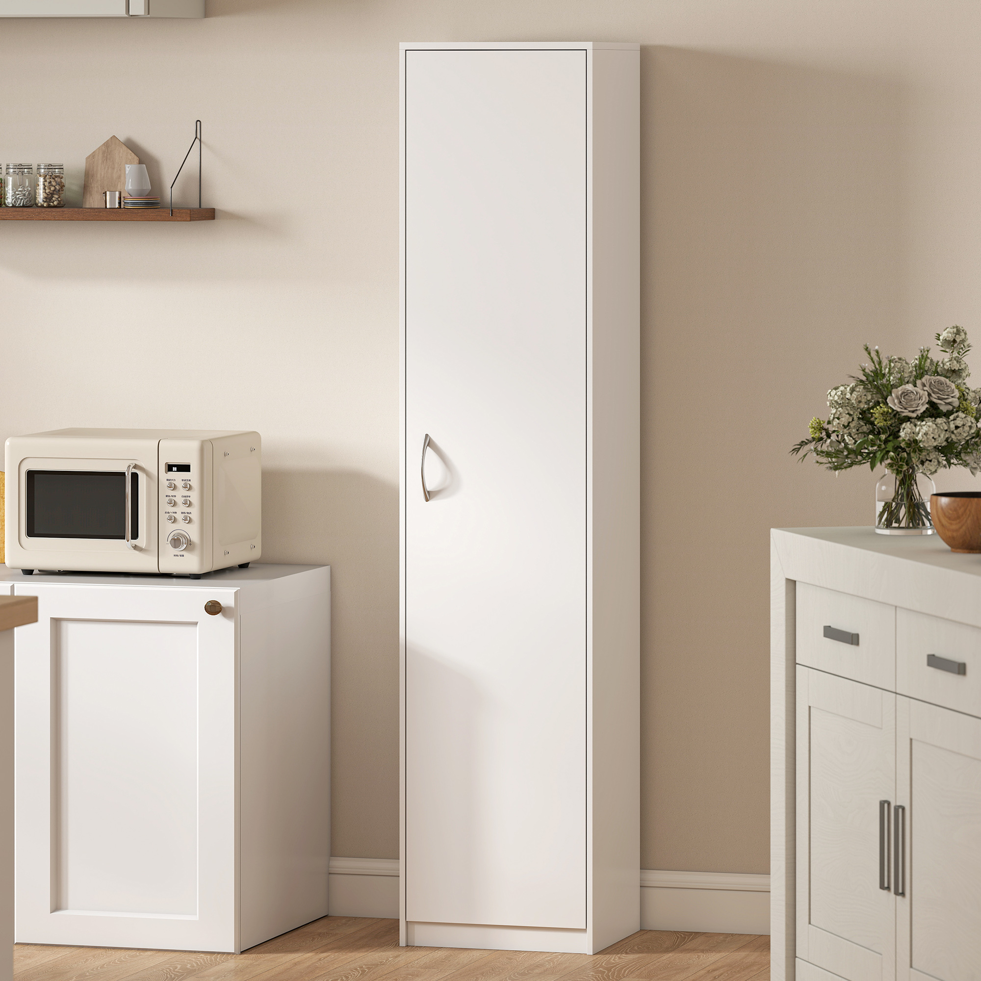 Küchenschrank, 5-Ebenen-Aufbewahrungsschrank, verstellbare Regale, für Wohnzimmer, Küche, Vorratskammer, Holz, Weiß