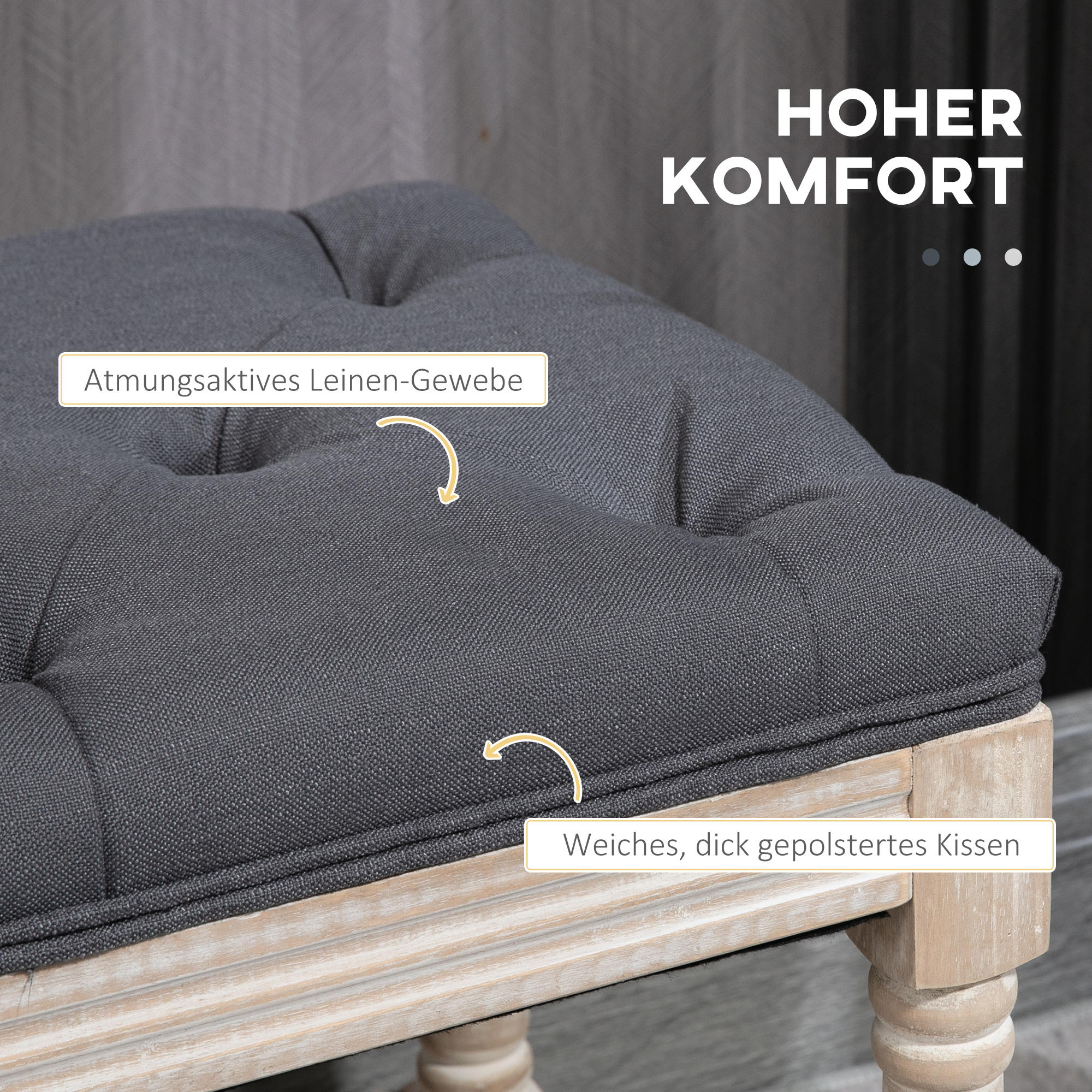 Sitzbank mit Stauraum, Vintage-Design, Knopfheftung, Kautschukbaumholz, 115x40x48cm, Grau