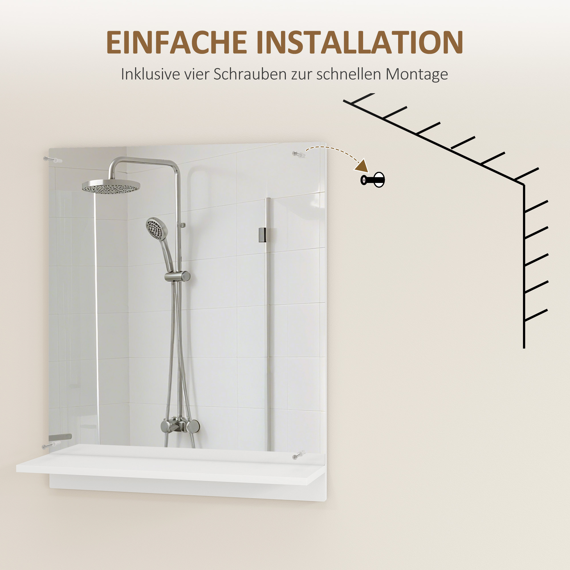 Badspiegel 50 x 60 cm Wandspiegel mit Regal, Badezimmerspiegel für Eingangsbereich, Flur, Weiß