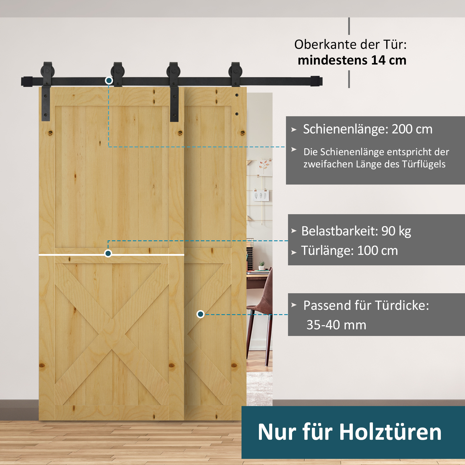 200 cm Schiebetür Komplettset Schiebetürbeschlag, Schiebetür Laufschiene, Schiebetürsystem für Holzschiebetür
