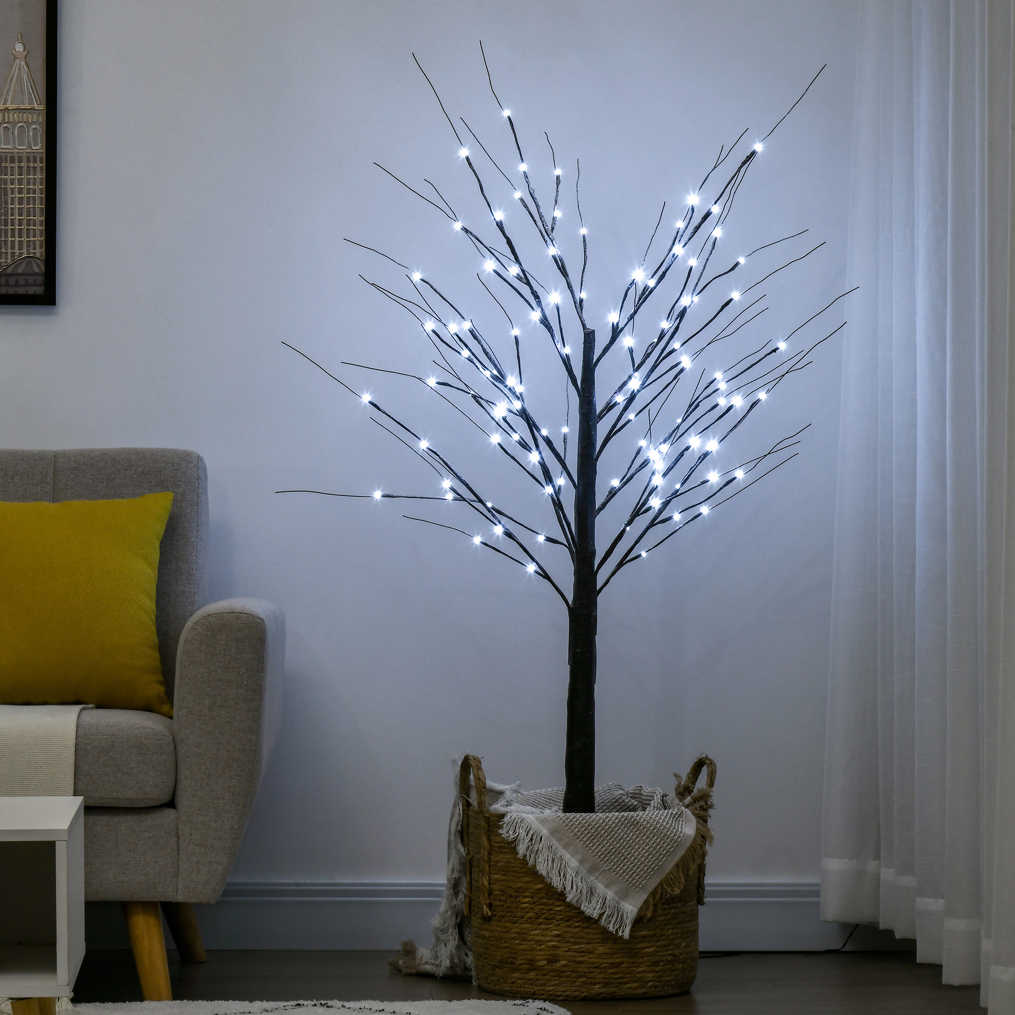 Künstliche Birke mit LED-Beleuchtung, 96 warmweiße Mikro-LEDs, 150 cm, Braun