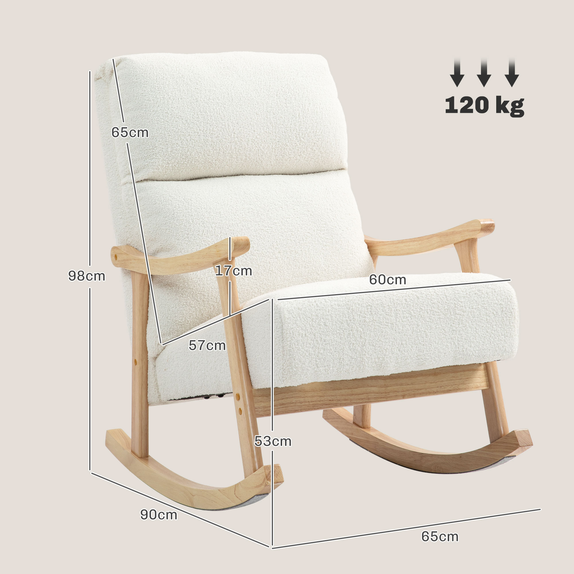 Schaukelstuhl, Stoffbezug in Samtoptik, Ergonomische Rückenlehne, 120 kg Belastbarkeit, 65B x 90T x 98H cm, Cremeweiß