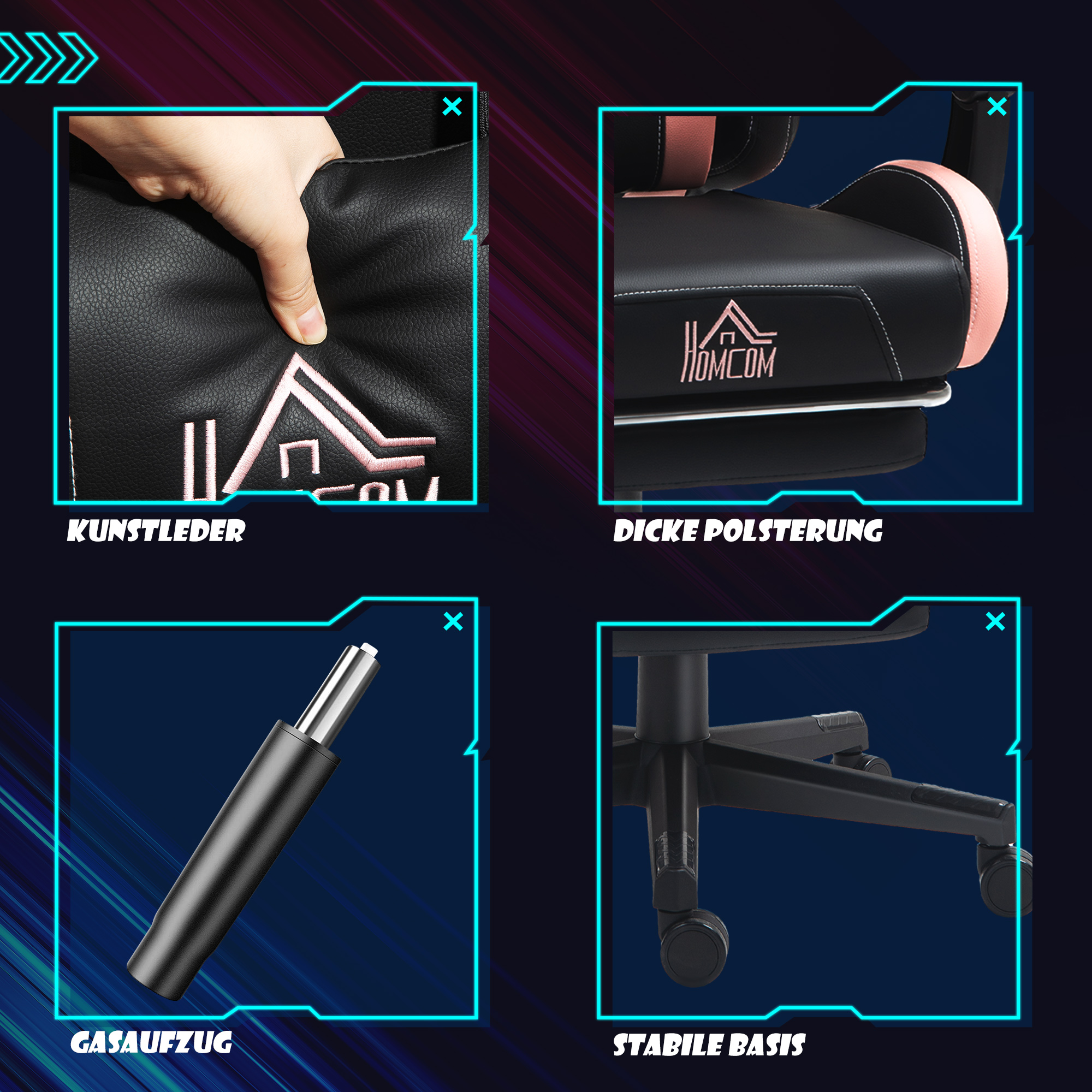 Gaming-Sessel mit Katzenohren, neigbare Lehne, ausziehbare Fußstütze, bis 120 kg, Rosa/Schwarz