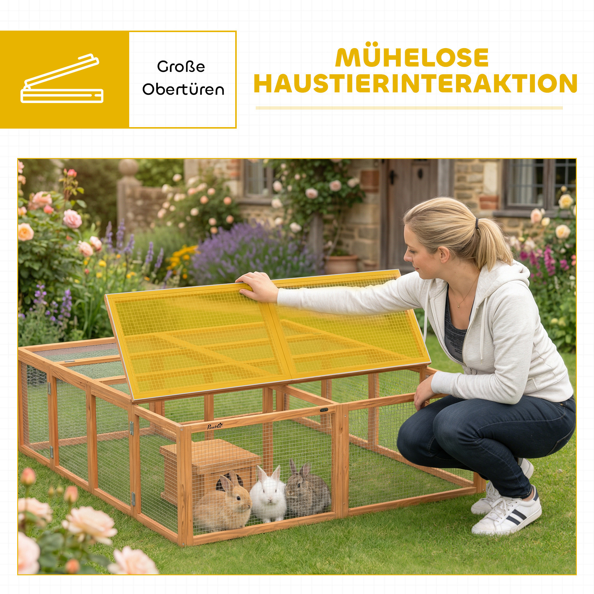 Freilaufgehege Kaninchenstall aus Holz mit 2 Türen Unterschlupfhaus für 2-4 Zwergkaninchen 180,4 x 150 x 48 cm Orange