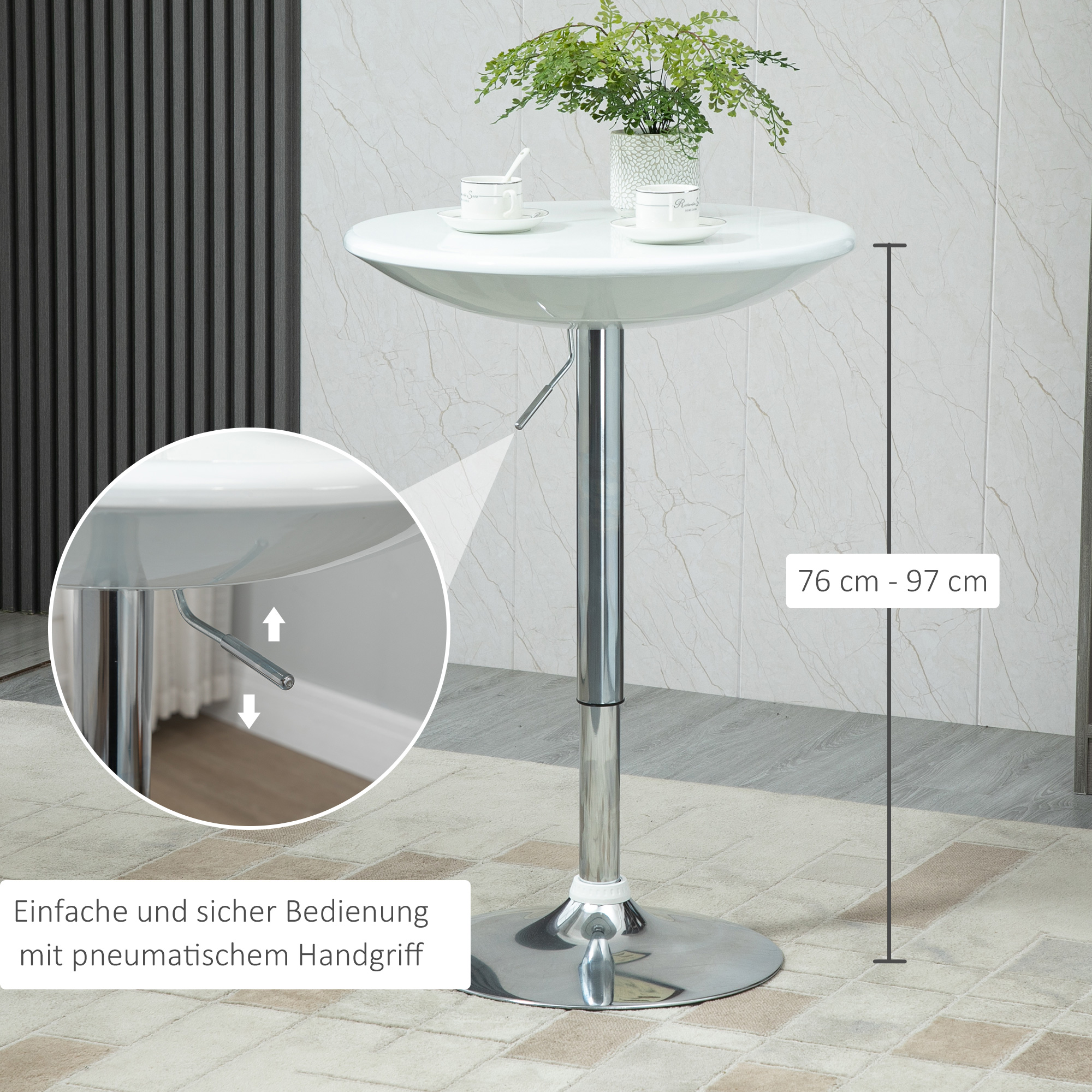 Bartisch moderner Esstisch höhenverstellbarer Bistrotisch Stehtisch Tresentisch Schreibtisch rund Metall ABS-Lackierung Weiß Ø61 x 76-97 cm