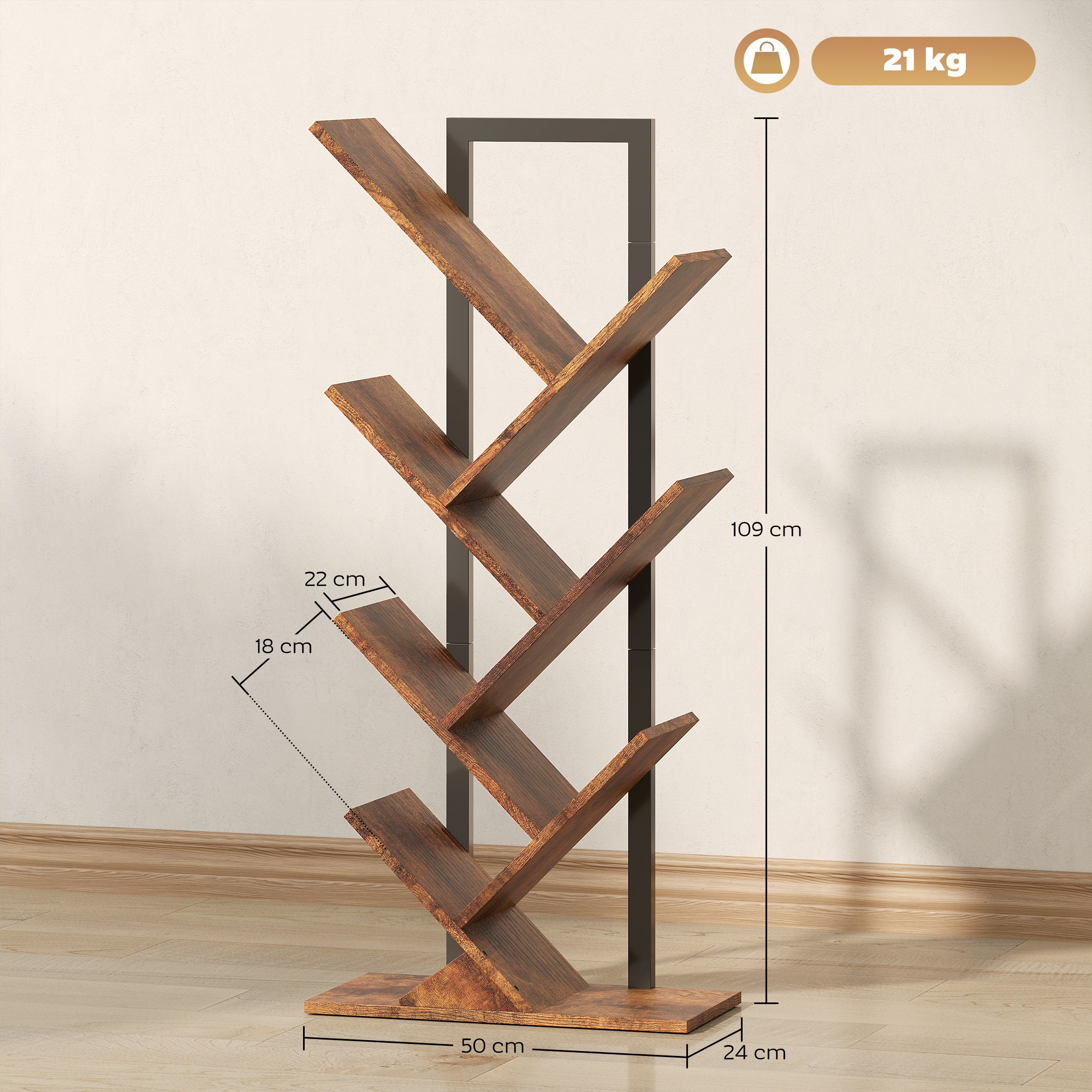 Bücherregal Standregal mit 7 Ebenen Schmal Regal im Baumform für Büro, Rustikal Braun